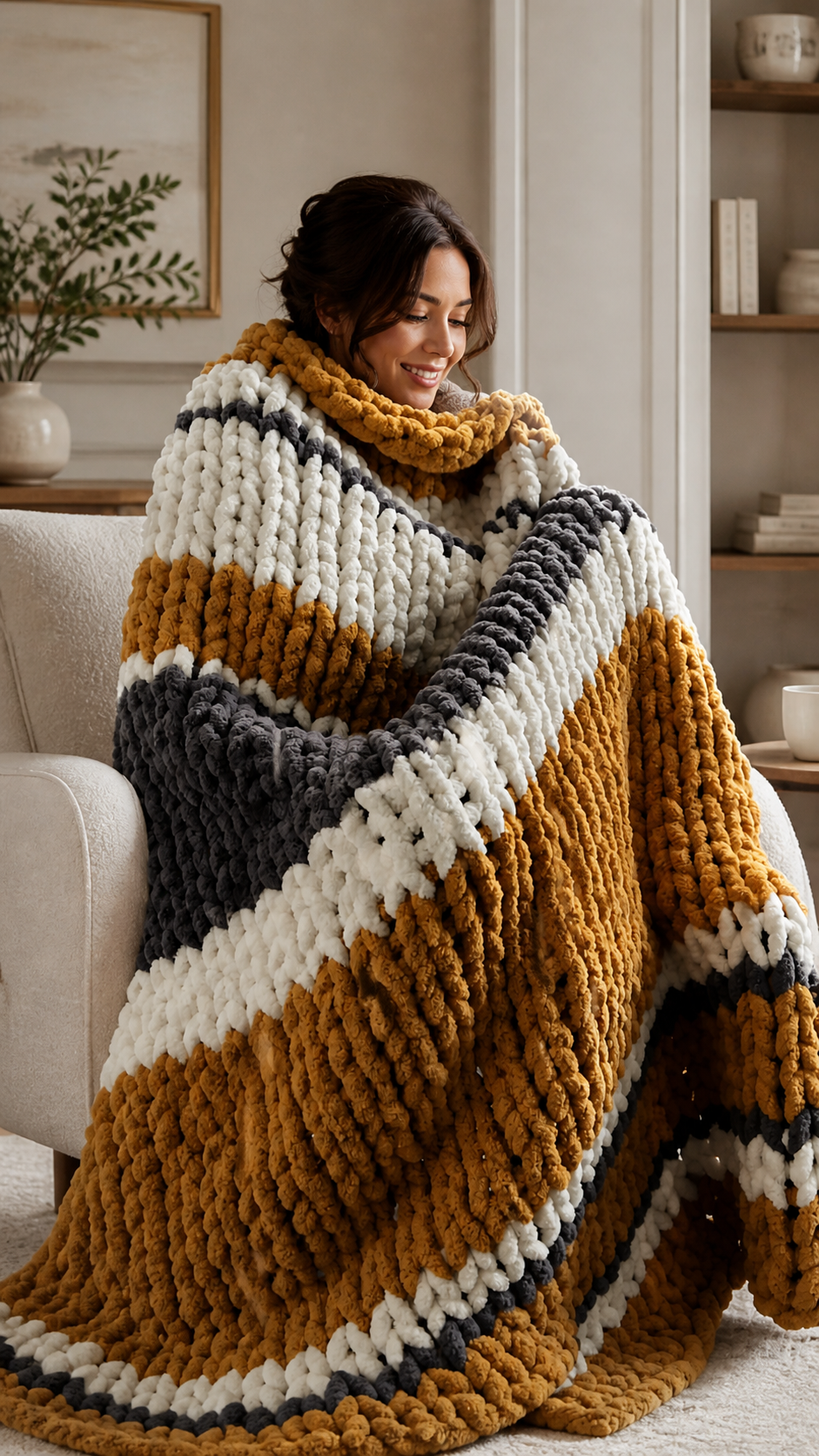 Plaid pour canapé tricoté à la main avec du fil chenille XXL