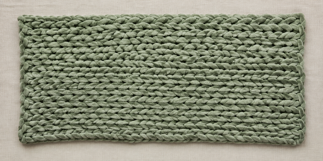 Ouvrage rectangulaire en fil chenille XXL vert sauge aux mailles régulières