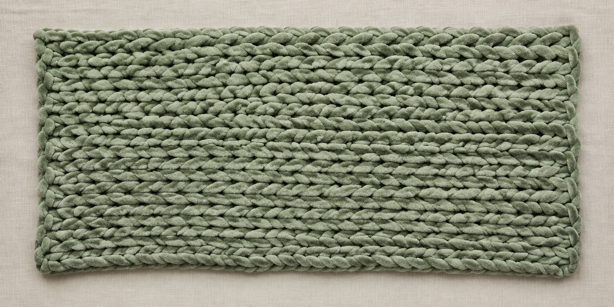 Ouvrage rectangulaire en fil chenille XXL vert sauge aux mailles régulières