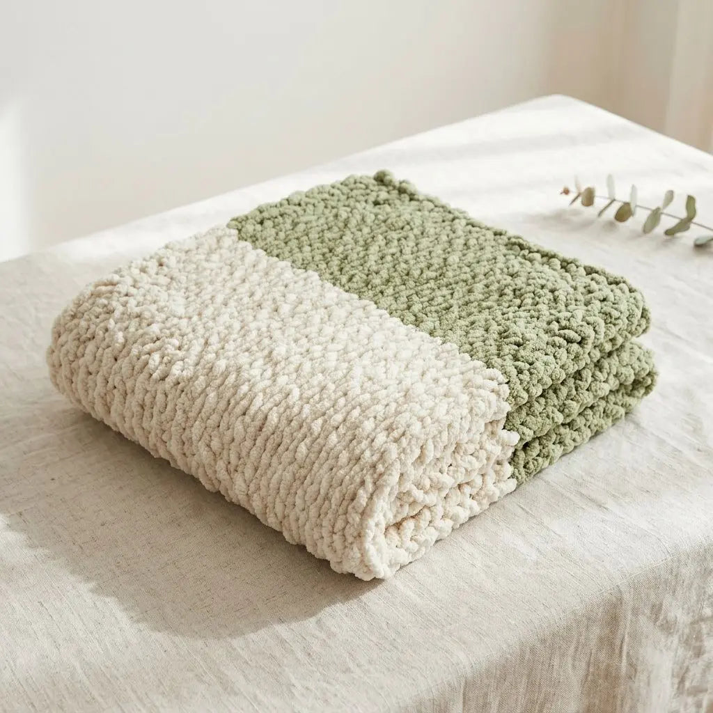 Couverture épaisse en tricot à la main—couleurs crème et vert pastel, pliée sur une table. Tutoriel débutant.