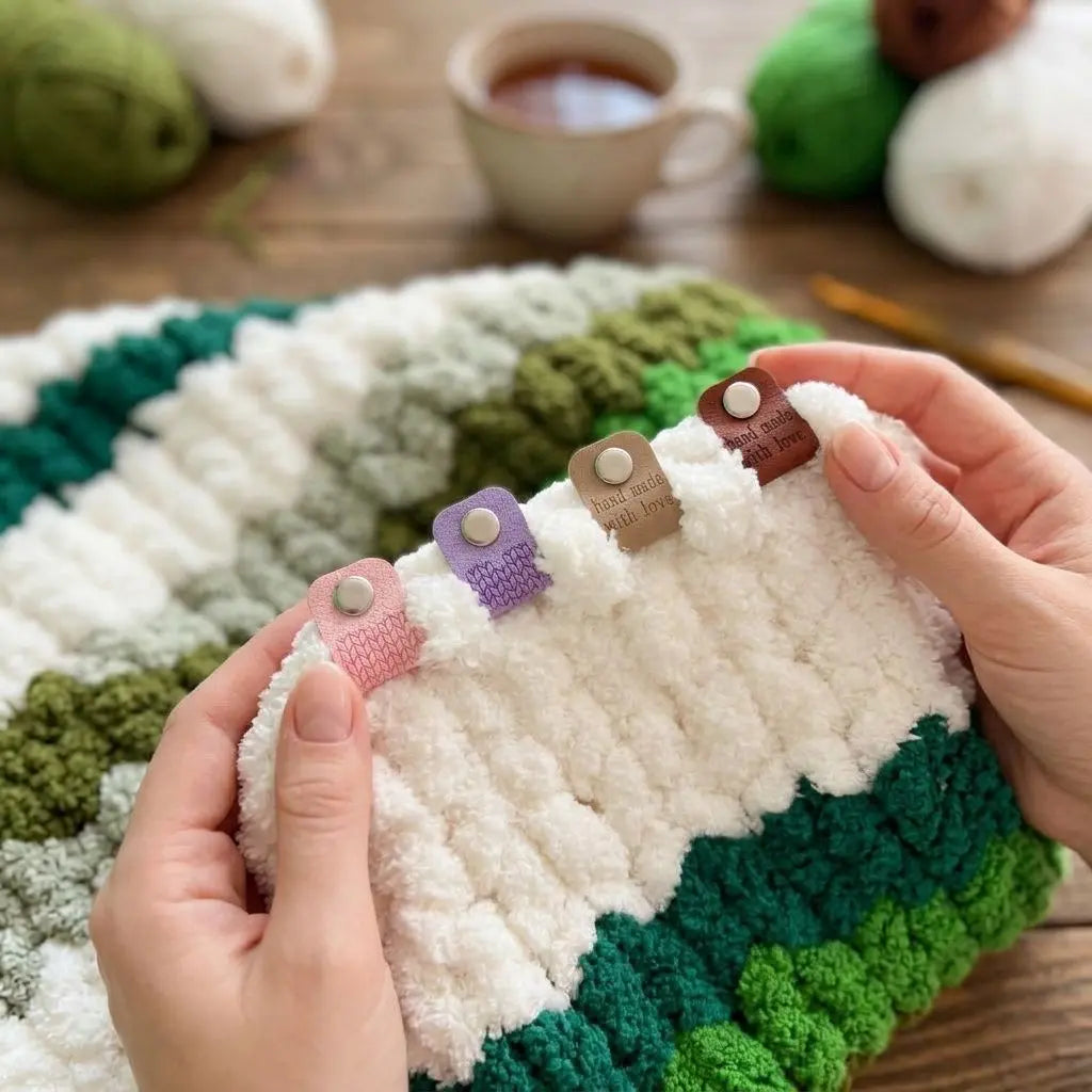 Étiquettes en simili cuir pastel fixées sur une peluche blanche texturée, près d’un crochet et pelotes colorées.