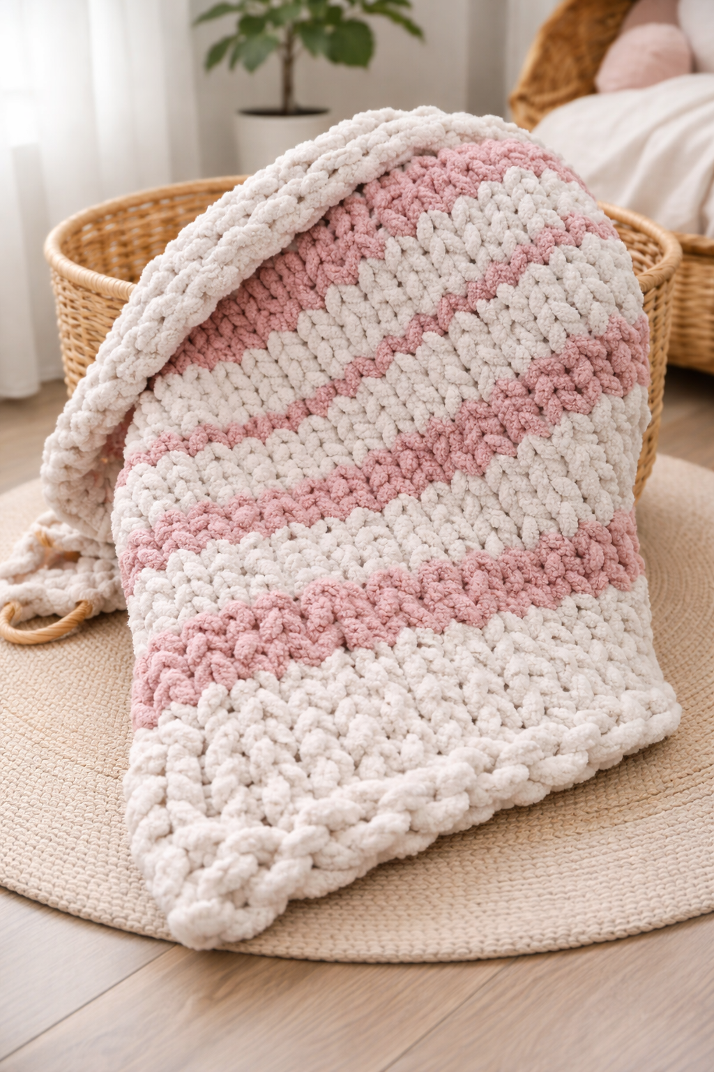 Couverture bébé en tricot pelucheux blanc et rose noué sur tapis beige dans une chambre bébé.