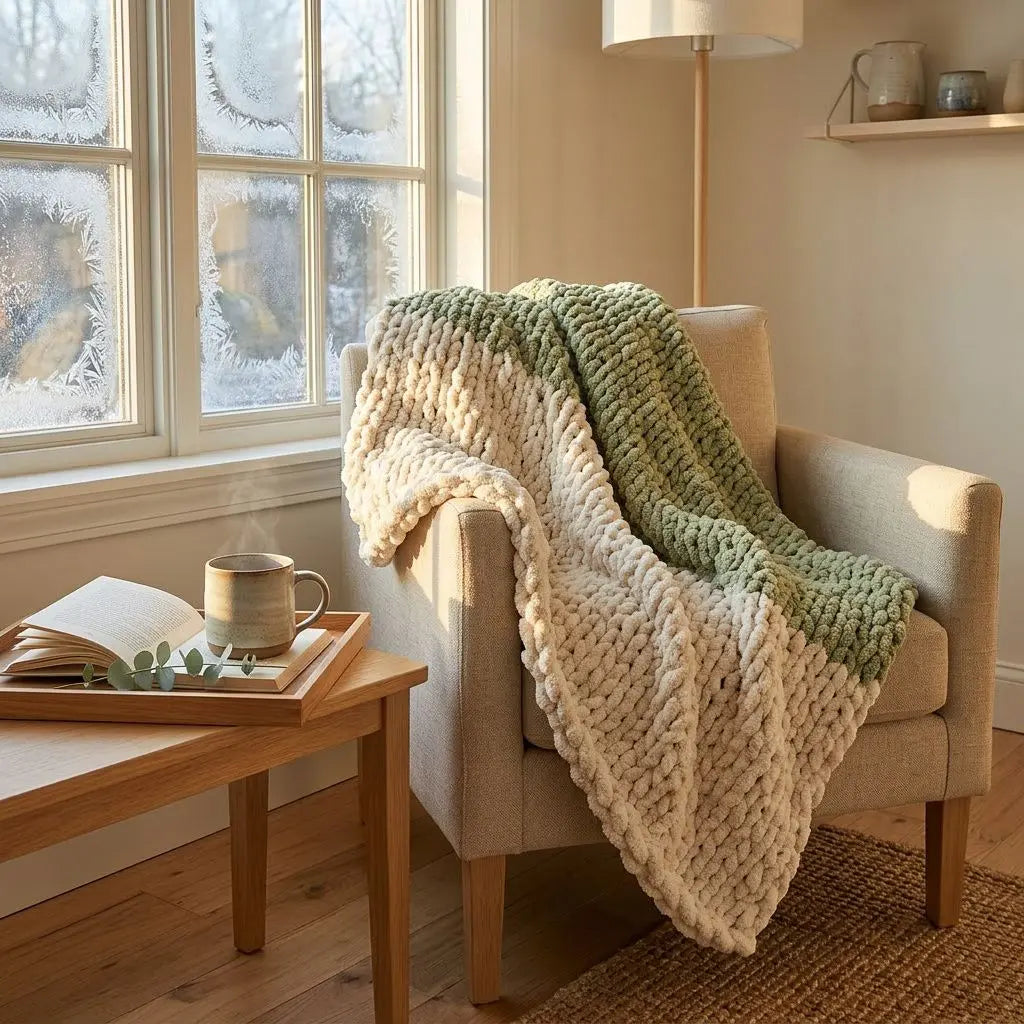 Couverture épaisse en tricot à la main posée sur un fauteuil près d’une fenêtre lumineuse, tasse et livres sur une table.