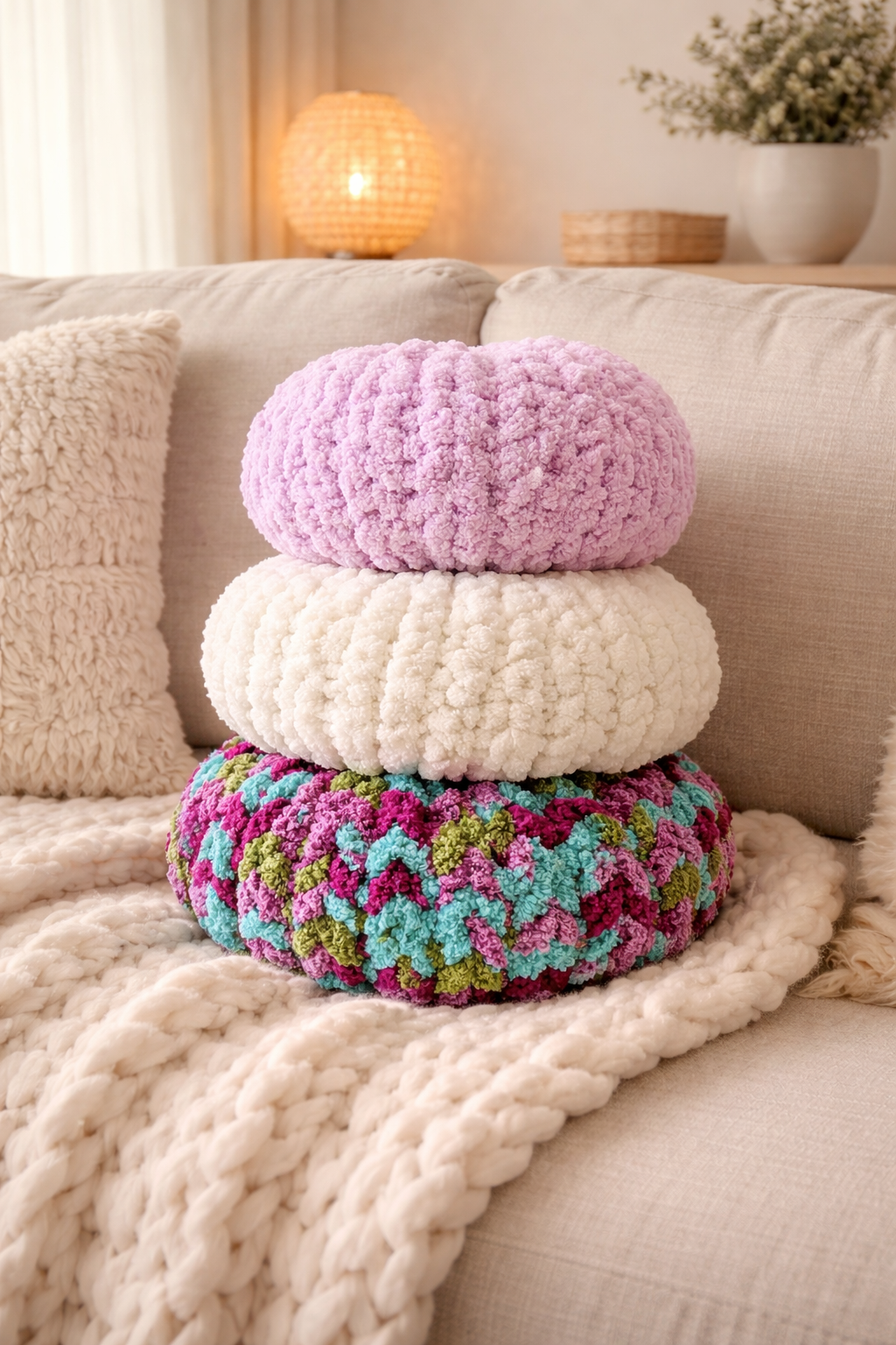 Trois coussins rond pastel empilés sur un plaid épais crème, page centrale: violet, blanc puis multicolore crocheté. Tutoriel débutant coussin rond fait main.