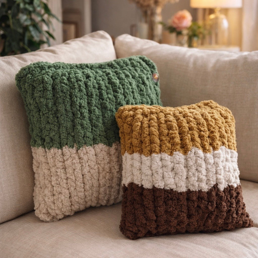Deux coussins décoratifs en chenille épaisse, l'un vert foncé et l'autre multicolore à rayures crème, jaune moutarde et chocolat.