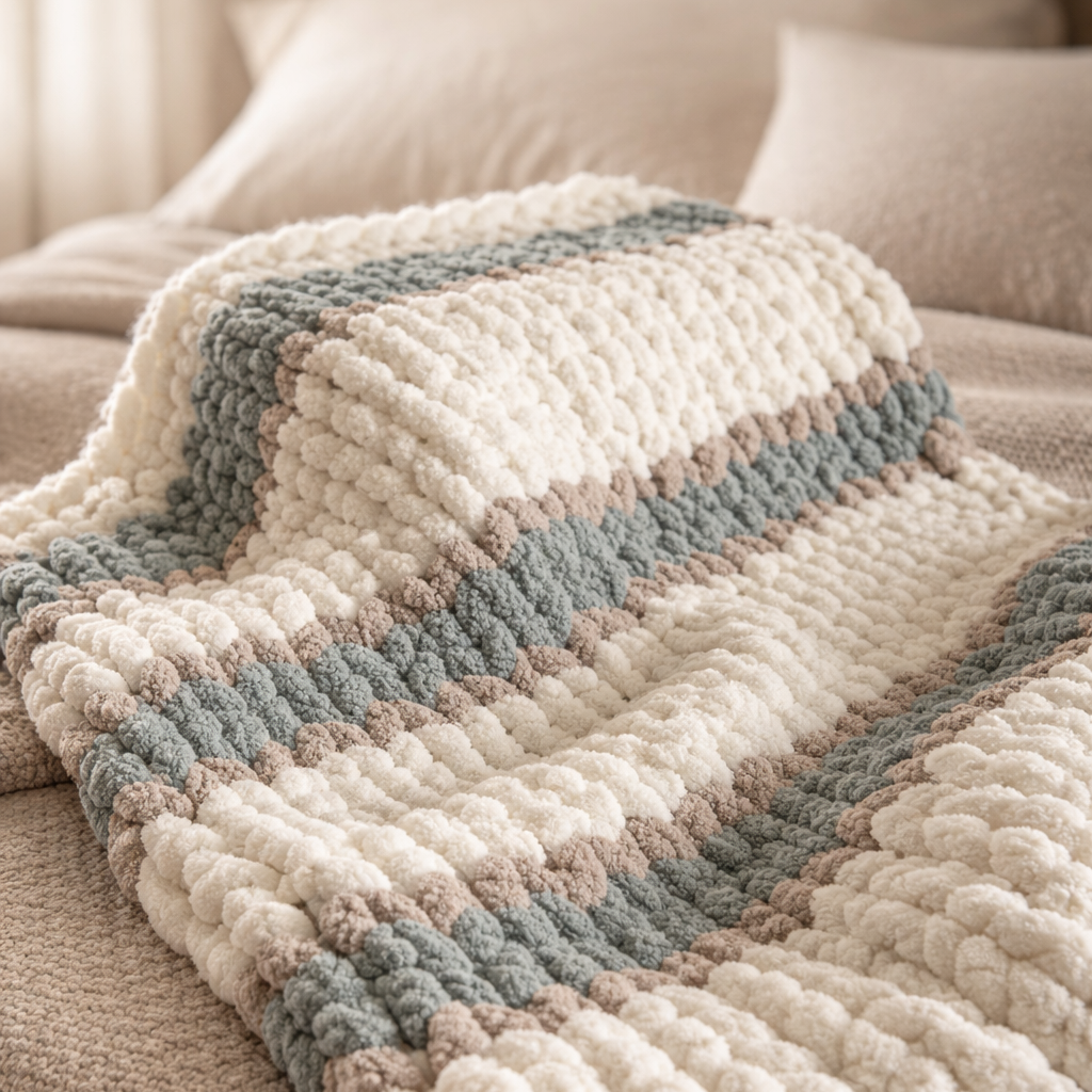 Couvrant noué, pelotes bouclées qui forment une couverture tricotée en torsades crème, bleu gris et taupe sur un lit beige.