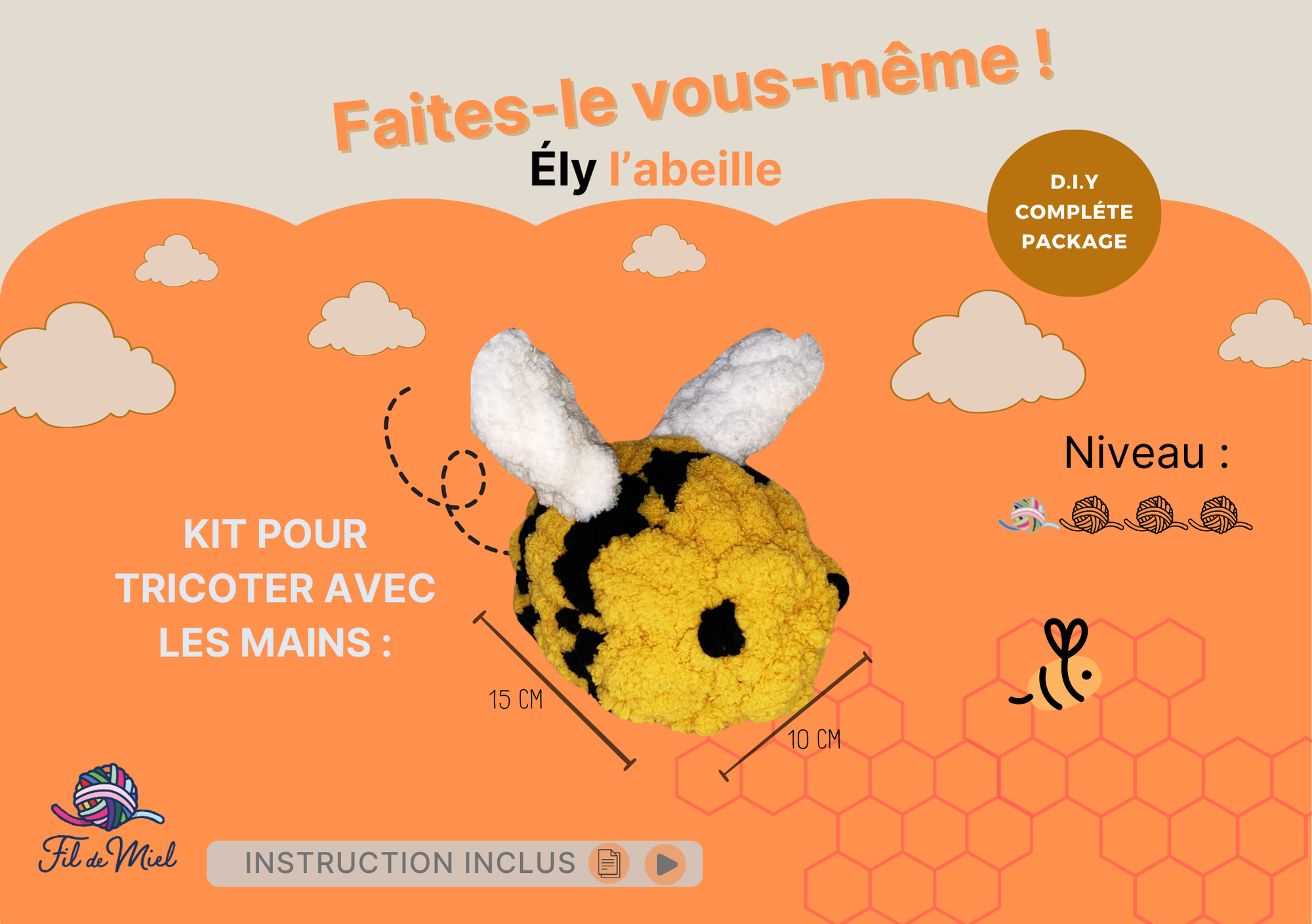Kit de création Ély l’abeille: modèle en peluche jaune et noire avec ailes blanches sur fond orange, instructions incluses, packaging D.I.Y.