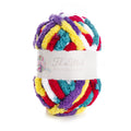 pelote de fil multicolore tissage torsadé, label “Fil de Miel” sur étiquette blanche, couleurs violet, jaune, rouge, bleu et blanc.