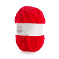 Pelote rouge coquelicot de laine éponge, étiquette “Fil de Miel” et motif multicolore, prête à tricoter à la main.