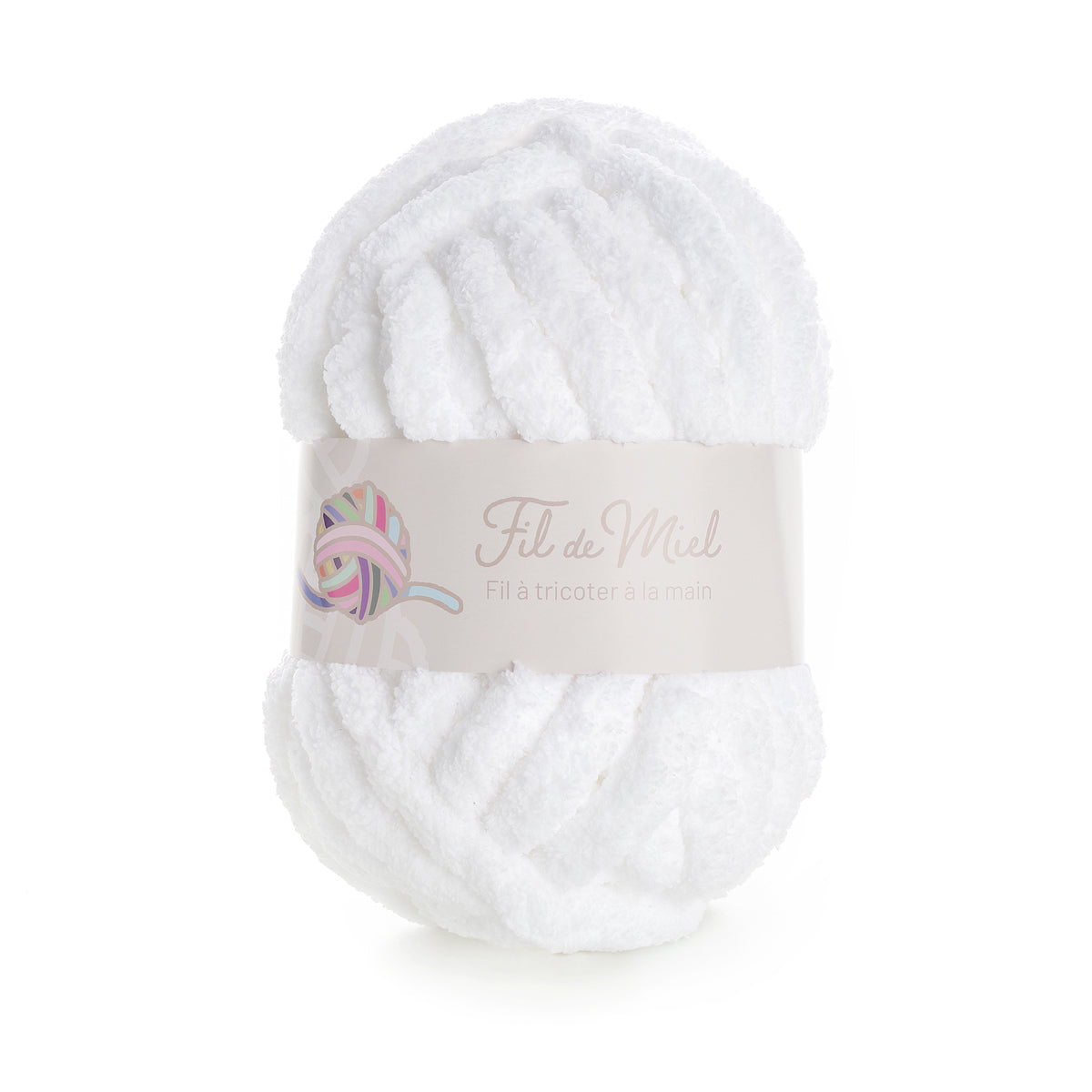 Fil XXL Blanc Neige: pelote de laine blanche ultra-douce, label « Fil de Miel » et logo couleur sur étiquette.