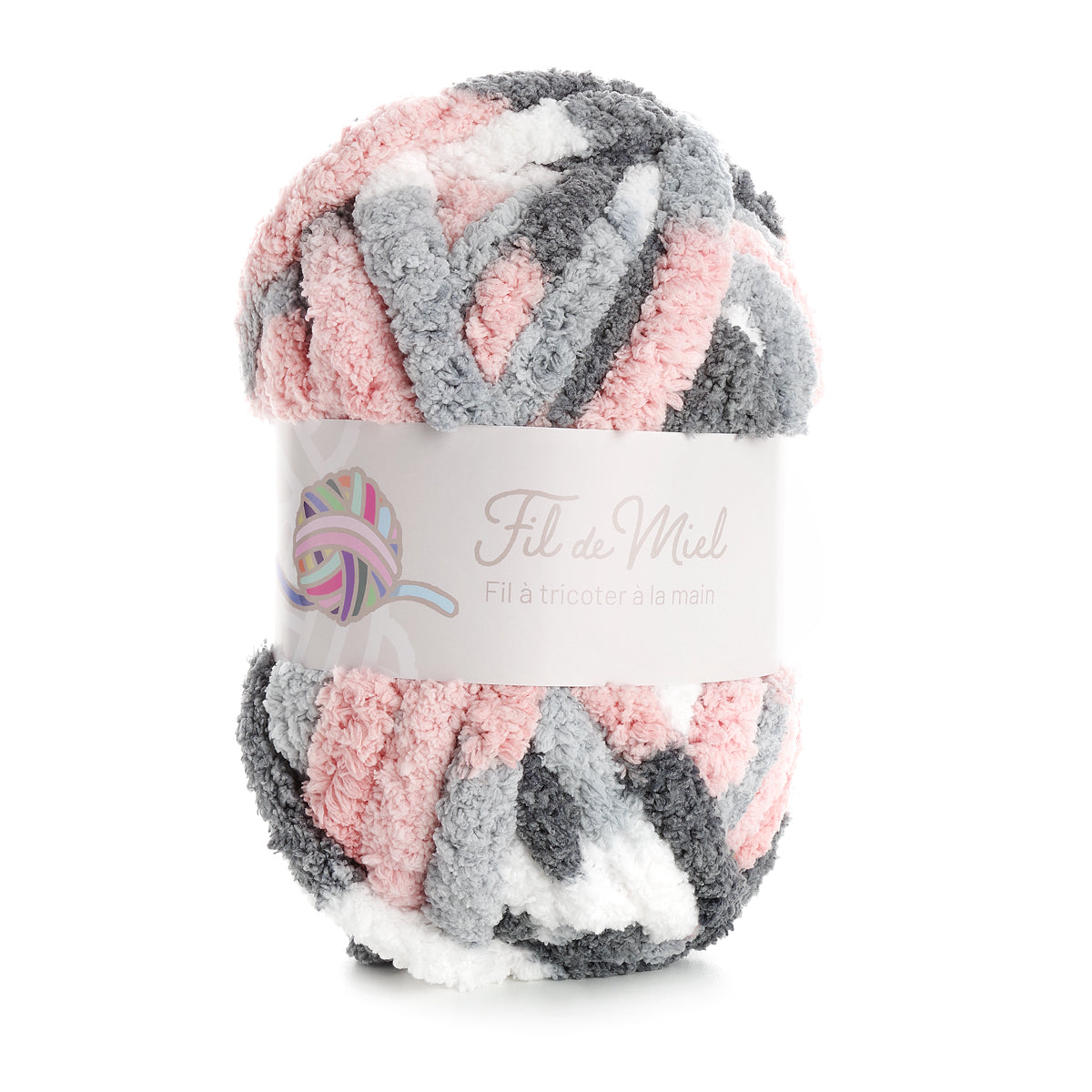 Layette pelote multicolore en fil moelleux gris, rose et blanc avec étiquette “Fil de Miel” 🎀 crochet à la main.