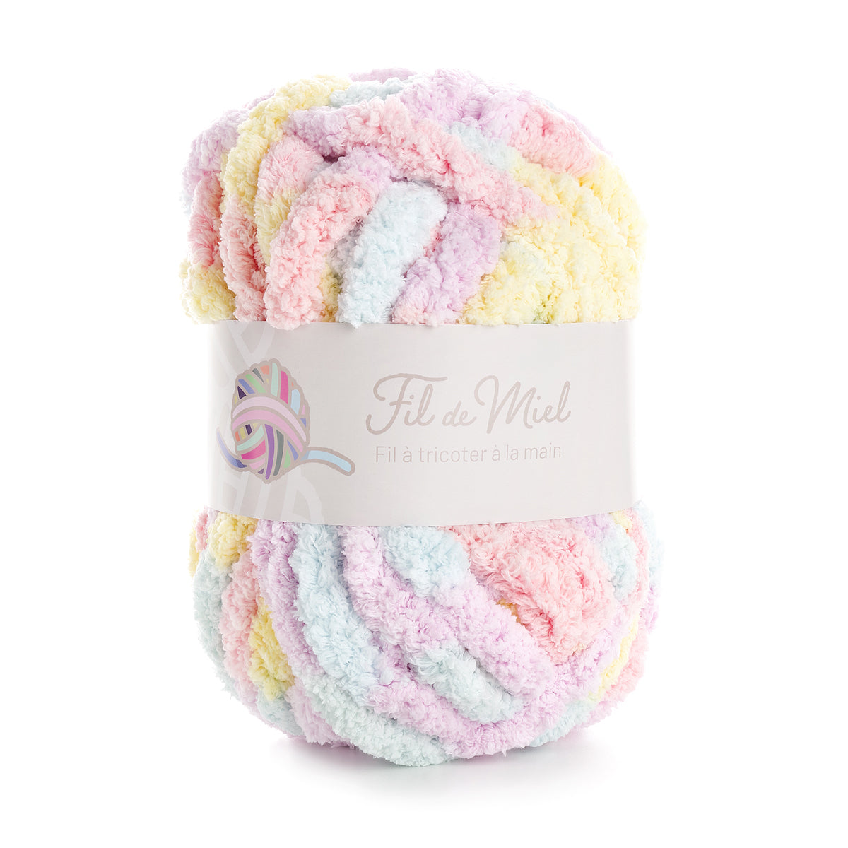 Pelote de laine texturée multicolore pastel, motif roulé, emballage “Fil de Miel” avec nom Nuage Sucré.