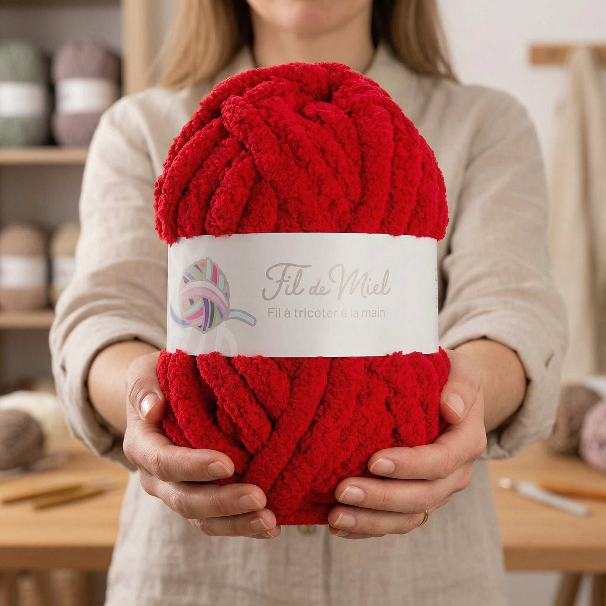 Gros plan d’un fil à tricoter rouge épais tenu par deux mains, avec étiquette « Fil de Miel » autour.