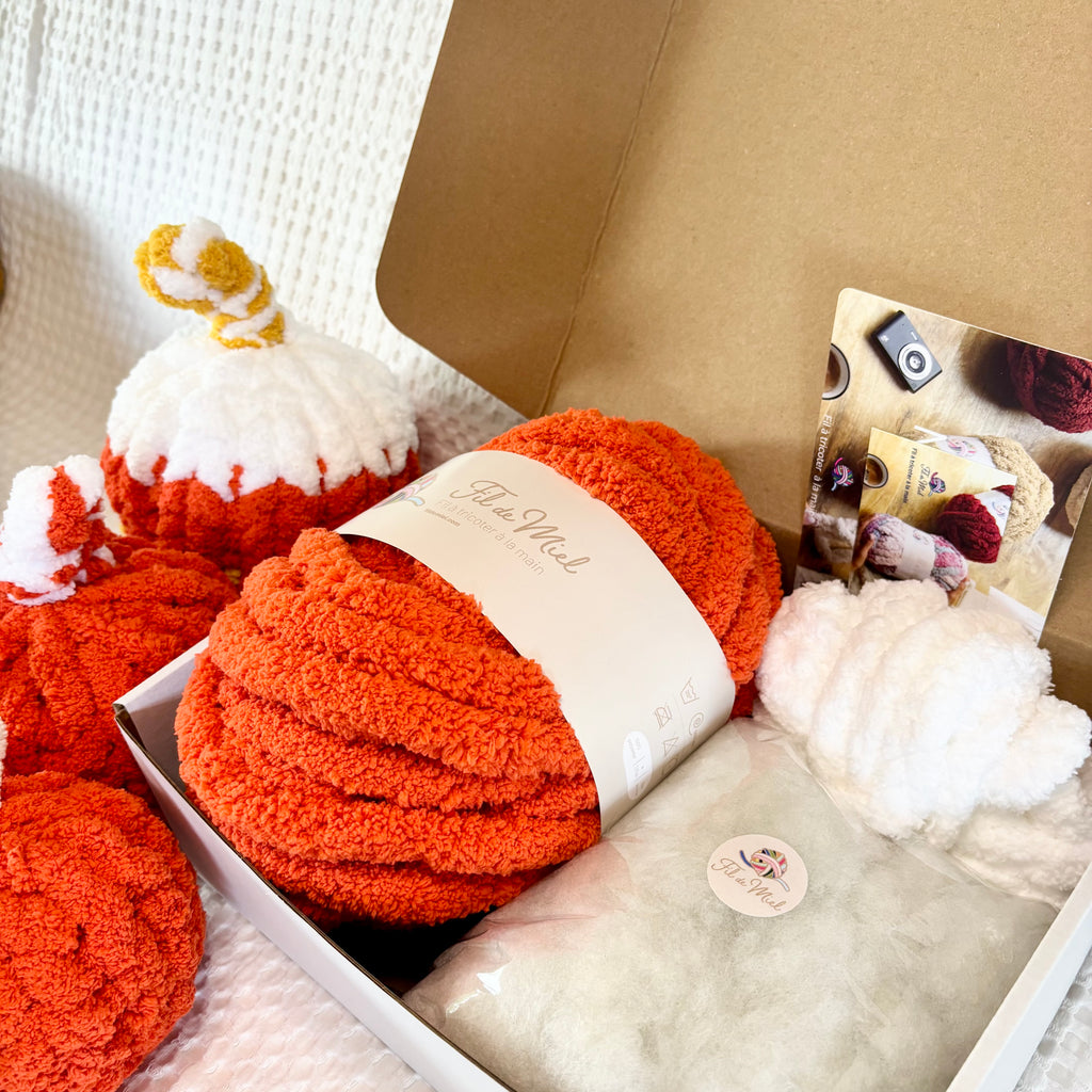 Kit Citrouille Créatif – Spécial Halloween: pelotes de laine orange et blanche moelleuses dans une boîte, avec étiquettes et échantillons, ambiance cozy Halloween.