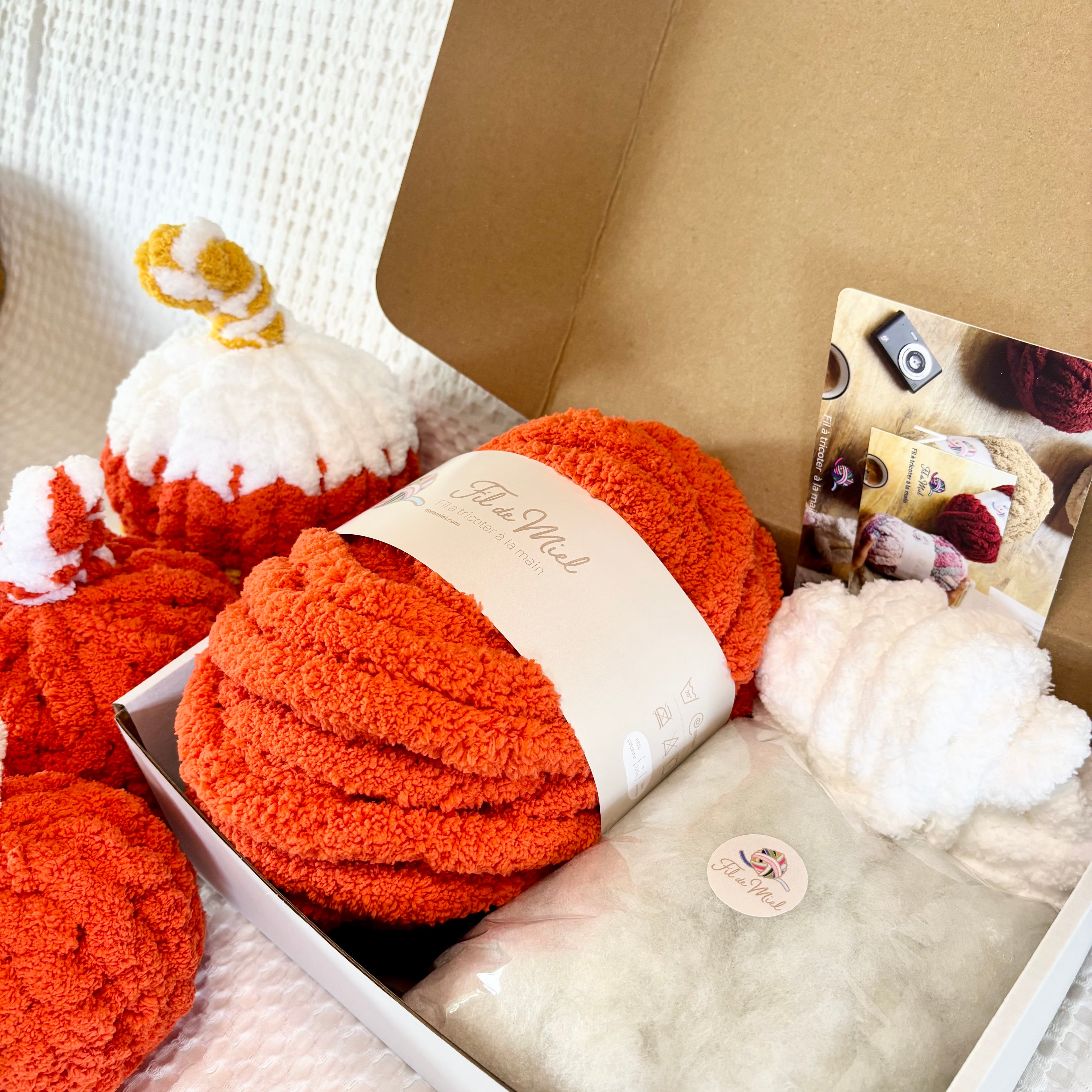 Kit Citrouille Créatif – Spécial Halloween: pelotes de laine orange et blanche moelleuses dans une boîte, avec étiquettes et échantillons, ambiance cozy Halloween.