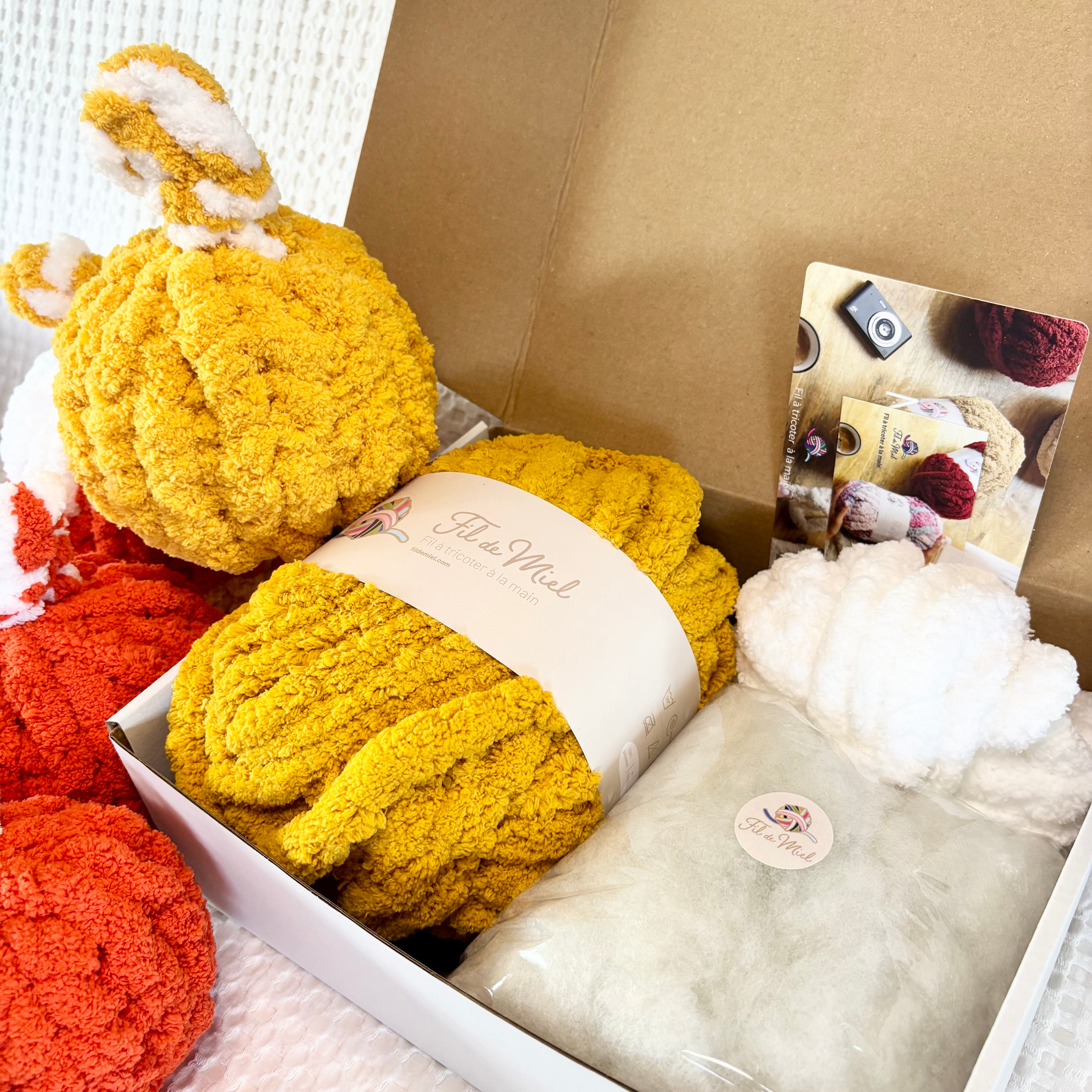Kit Citrouille Créatif – Spécial Halloween: pelotes de laine moelleuse jaune et orange, peluche, et accessoires décoratifs dans une boîte cadeau.