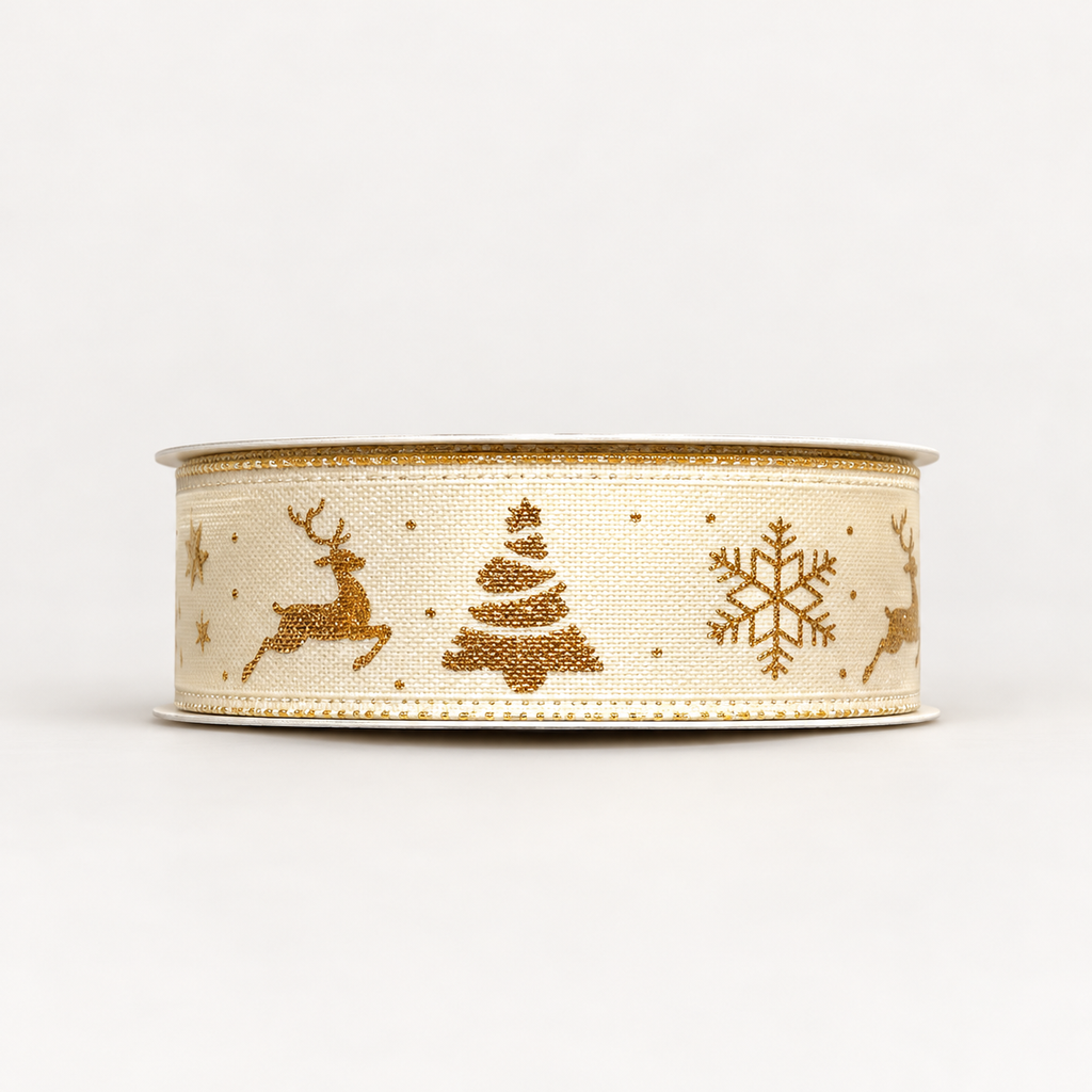 Bobine de ruban décoratif Ivoire – Rennes et sapin dorés – 3 m × 2 cm – Fil de Miel