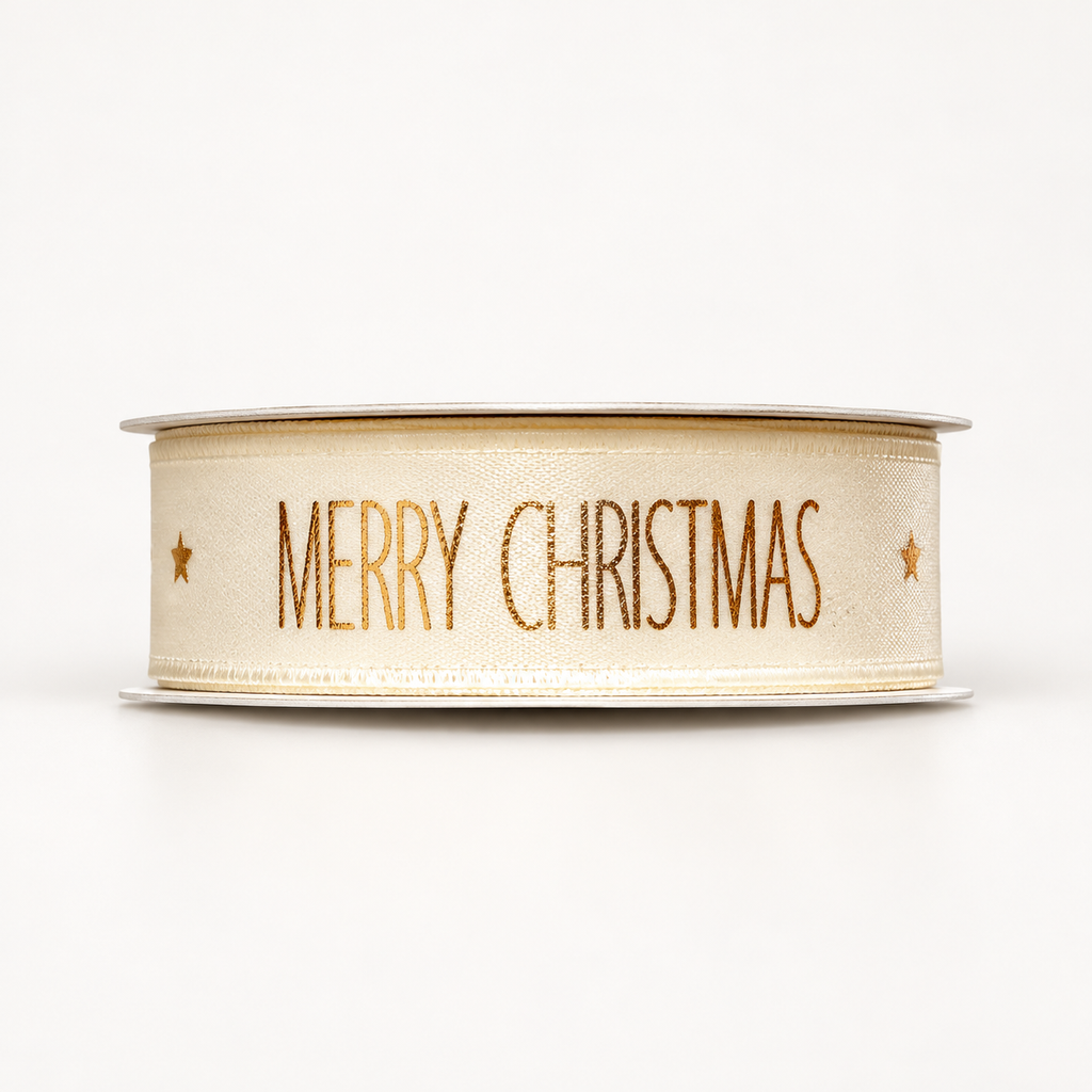 Bobine de ruban décoratif Ivoire – Merry Christmas doré – 3 m × 2 cm – Fil de Miel