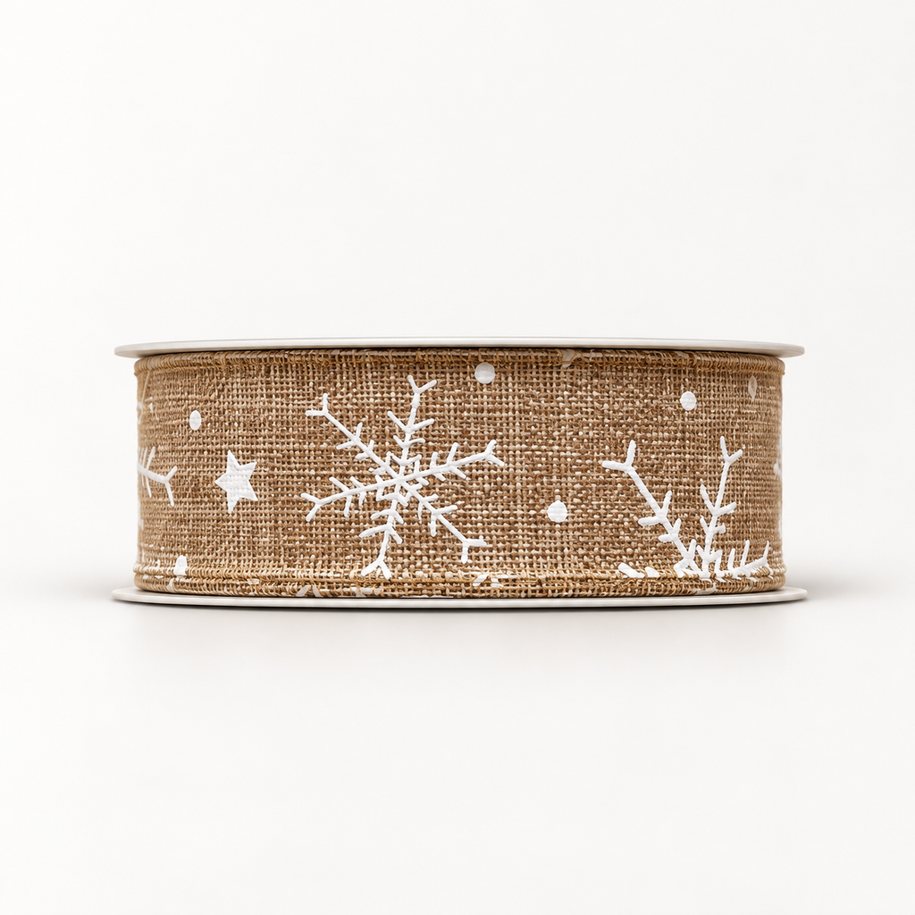 Bobine de ruban décoratif Jute – Flocons blancs – 3 m × 2 cm – Fil de Miel