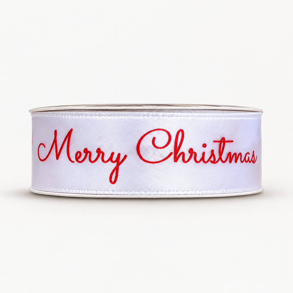 Bobine de ruban décoratif Blanc – Merry Christmas rouge – 3 m × 2 cm – Fil de Miel
