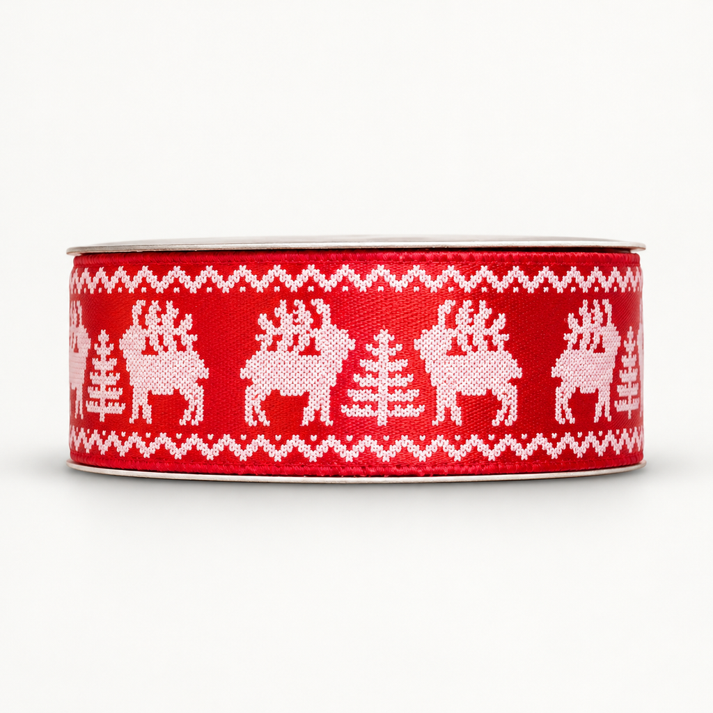 Bobine de ruban décoratif Rouge – Rennes et sapins blancs – 3 m × 2 cm – Fil de Miel