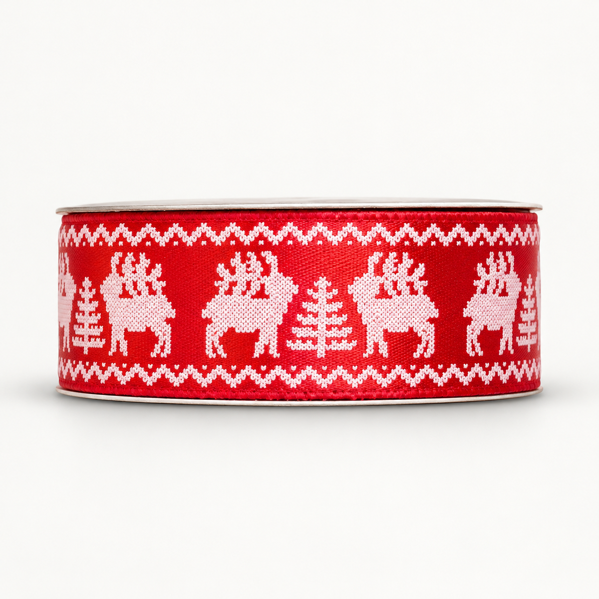 Bobine de ruban décoratif Rouge – Rennes et sapins blancs – 3 m × 2 cm – Fil de Miel