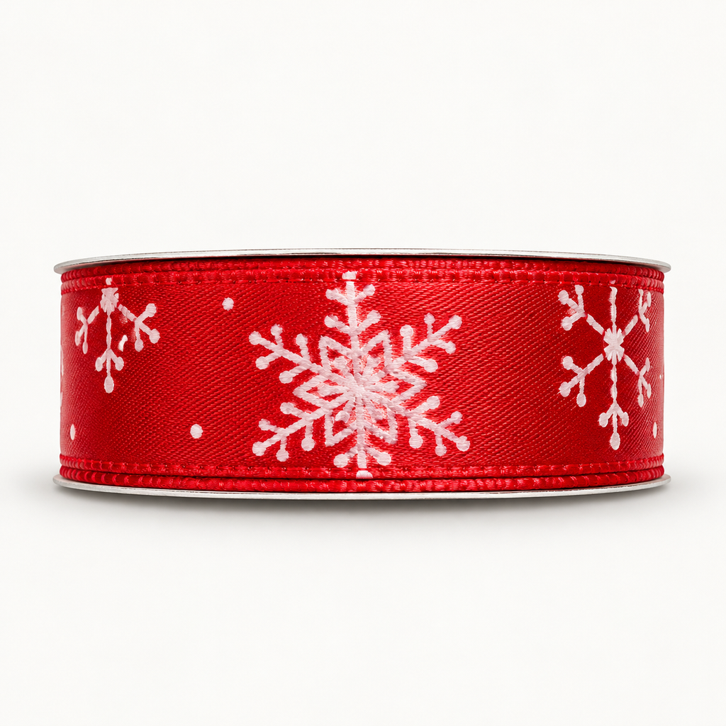 Bobine de ruban décoratif Rouge – Flocons blancs – 3 m × 2 cm – Fil de Miel