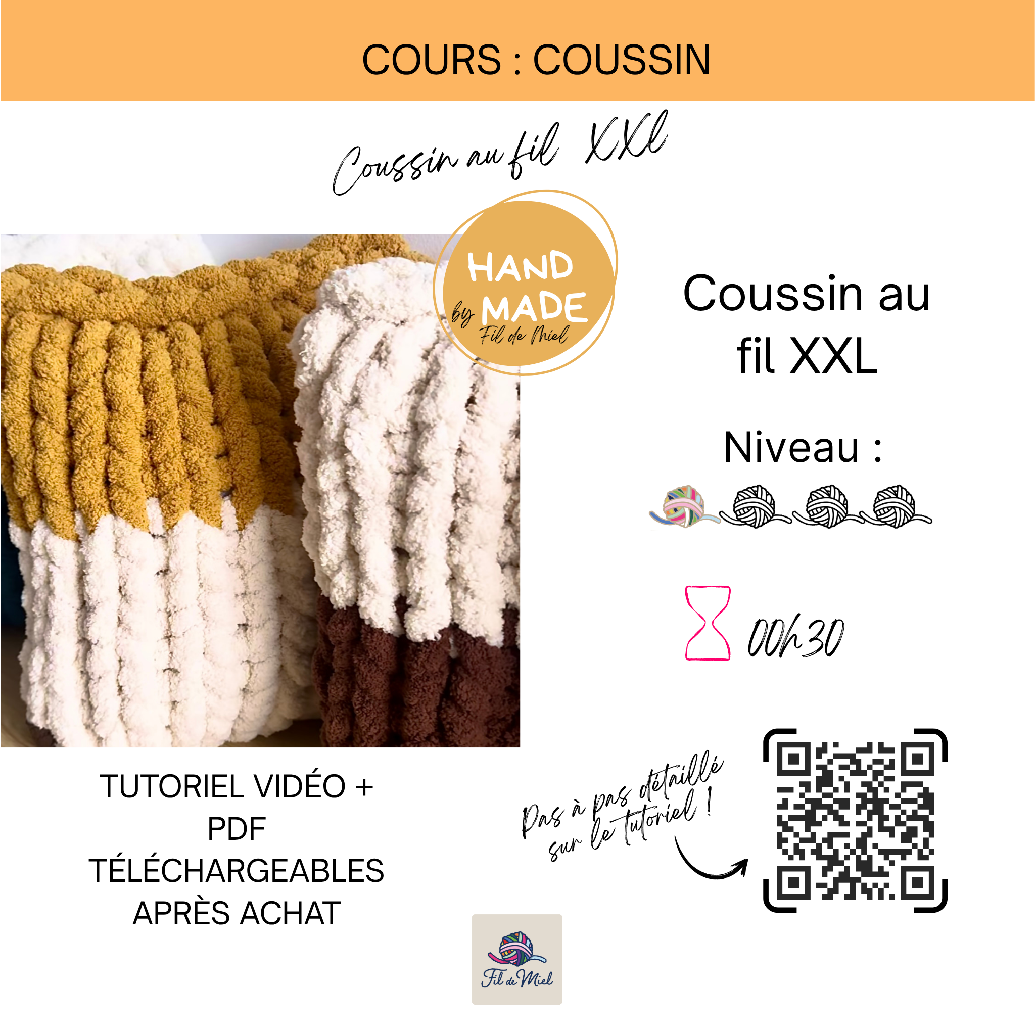 Coussin au fil XXL fait main, textures jaune et blanc tricotées, logo Hand Made et crochet, détails du tutoriel débutant.