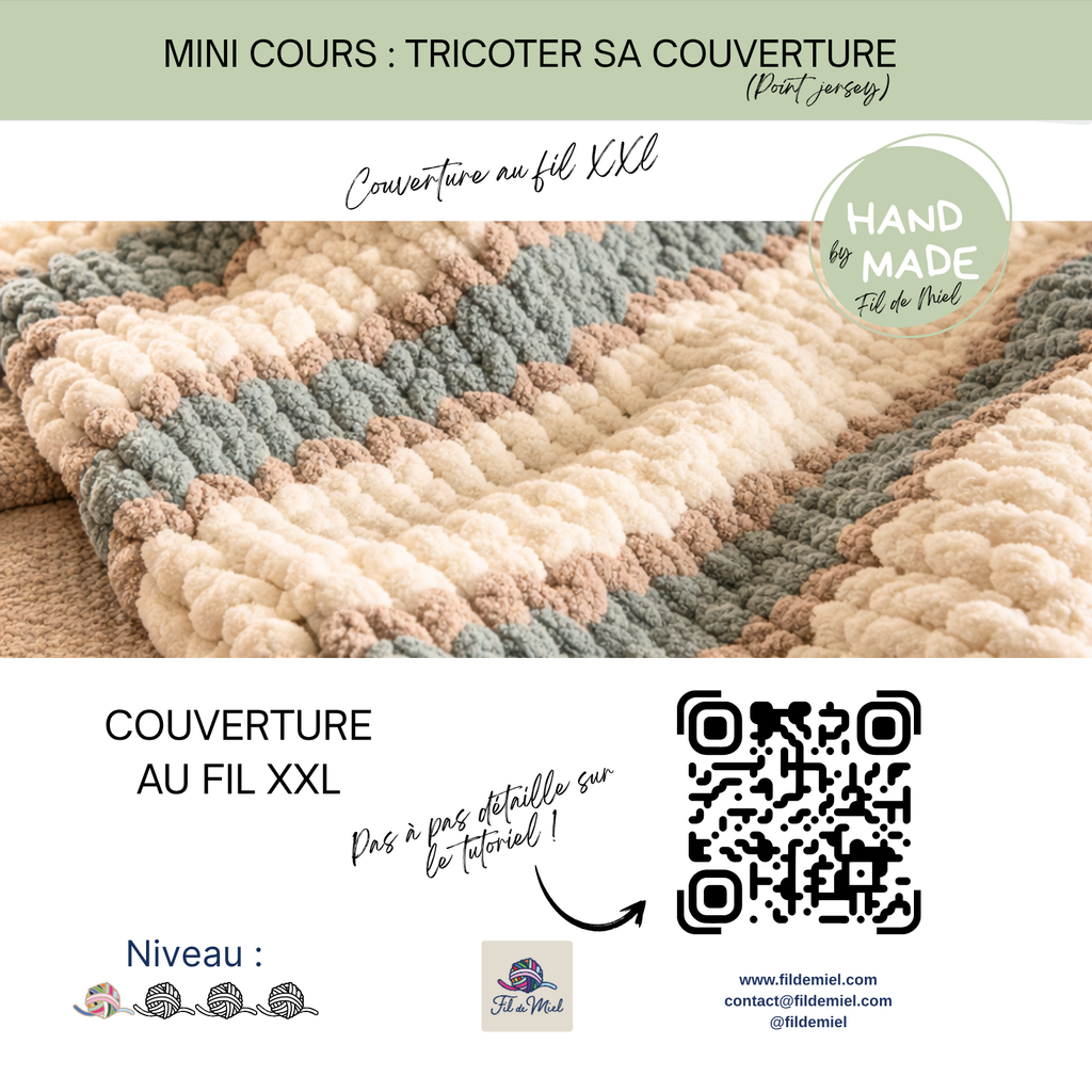 Affiche du mini-cours Fil de Miel : je tricote ma couverture épaisse à la main sans aiguilles, format portrait.