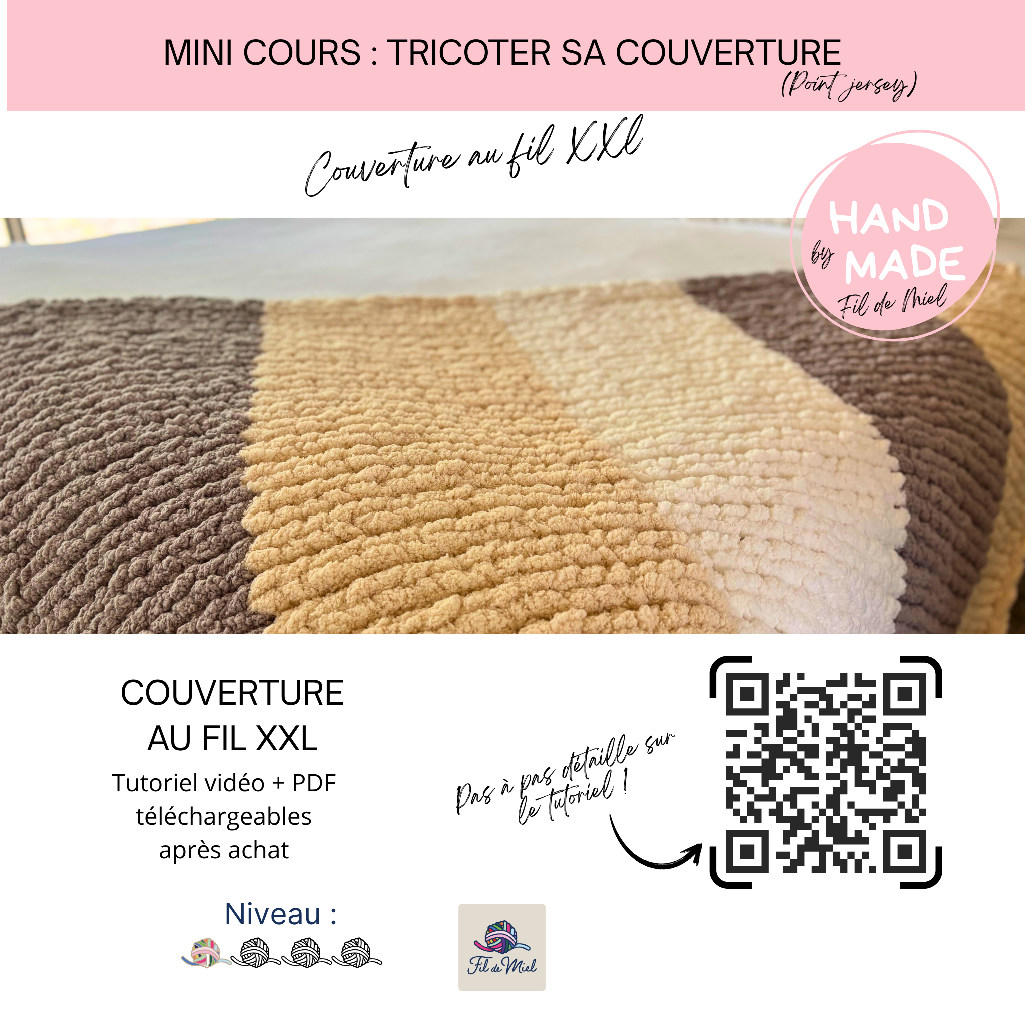 Couverture tricotée épaisse en fil XXL avec motifs colorés beige et brun. ALT text concis pour SEO.