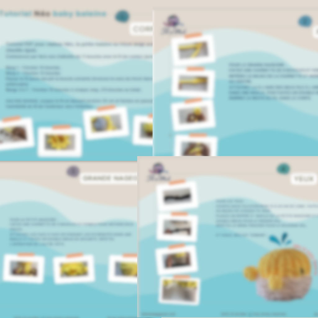 Tutoriel - cours débutant sur Néo la baleine: interface colorée avec chapitres et miniatures de photos polaroid et textures bleues.