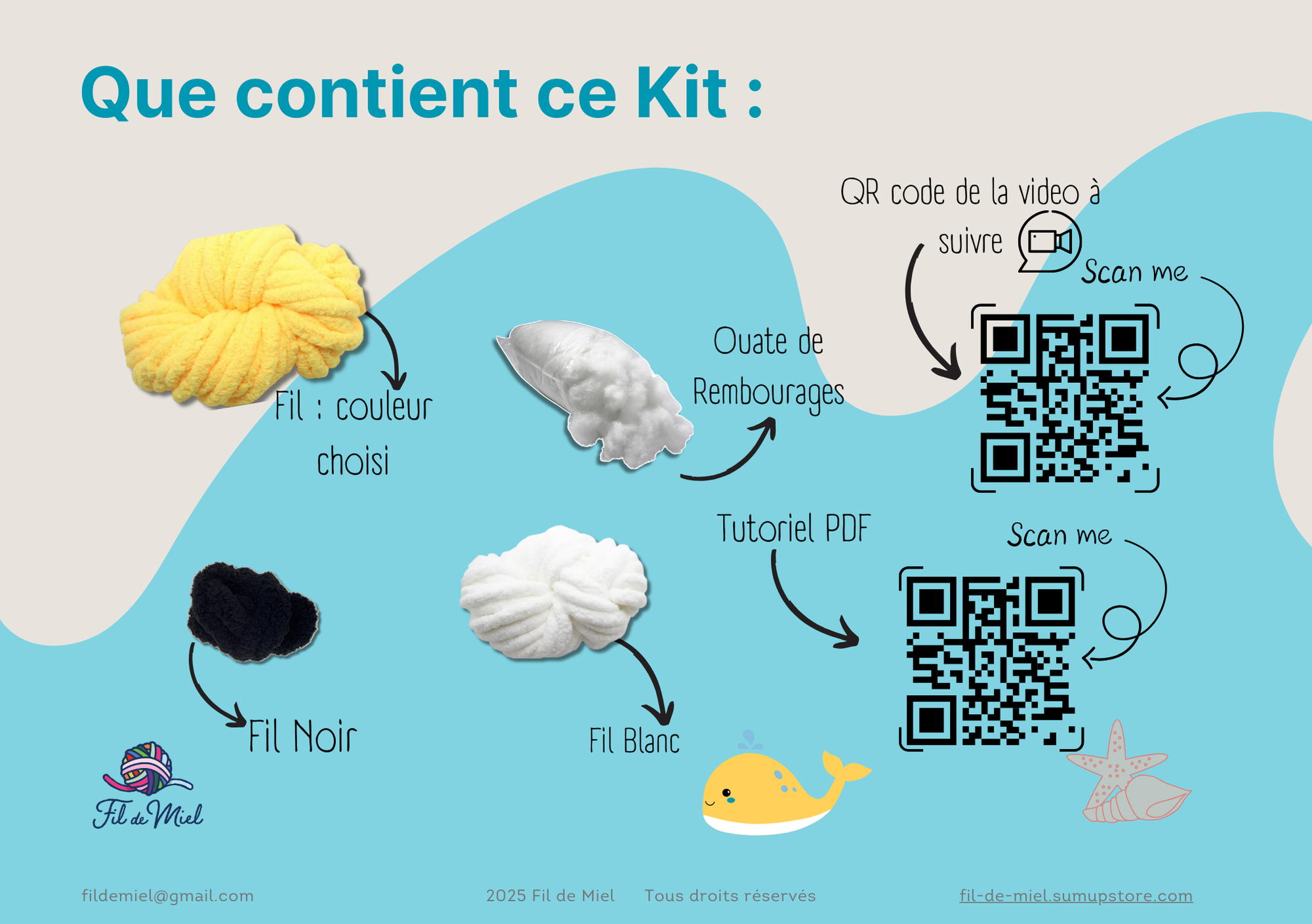 Kit de création Néo le Baby baleine : pelotes de fil couleur choisie, ouate de rembourrage, fils noir et blanc, tuto PDF et QR codes pour vidéo et mode d’emploi.