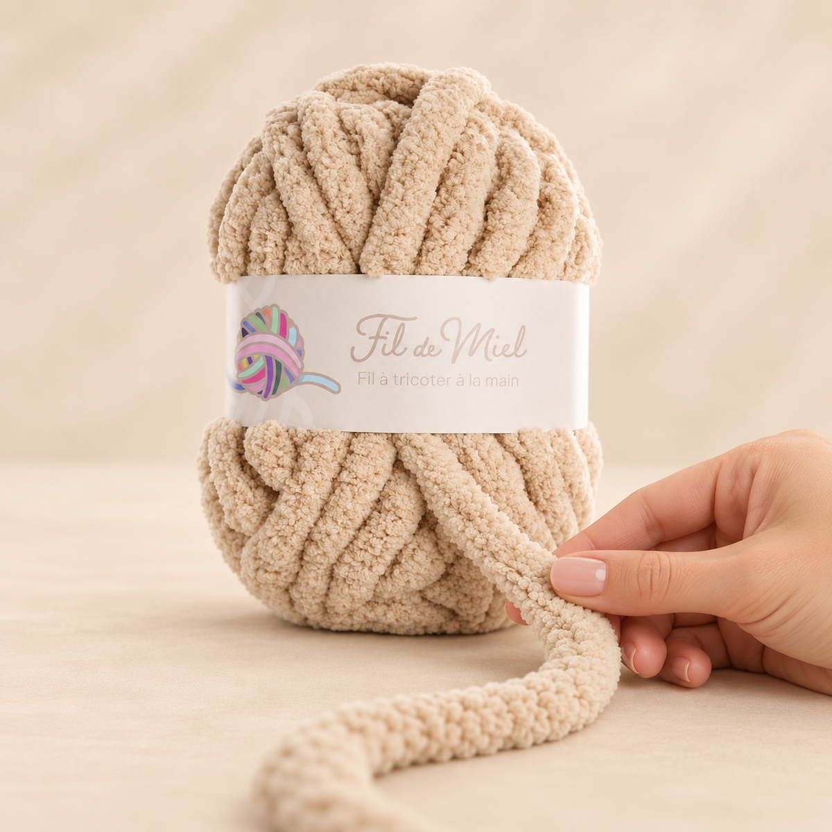 Pelote de fil chenille XXL beige Lin Naturel Fil de Miel, avec une main tenant le fil épais.
