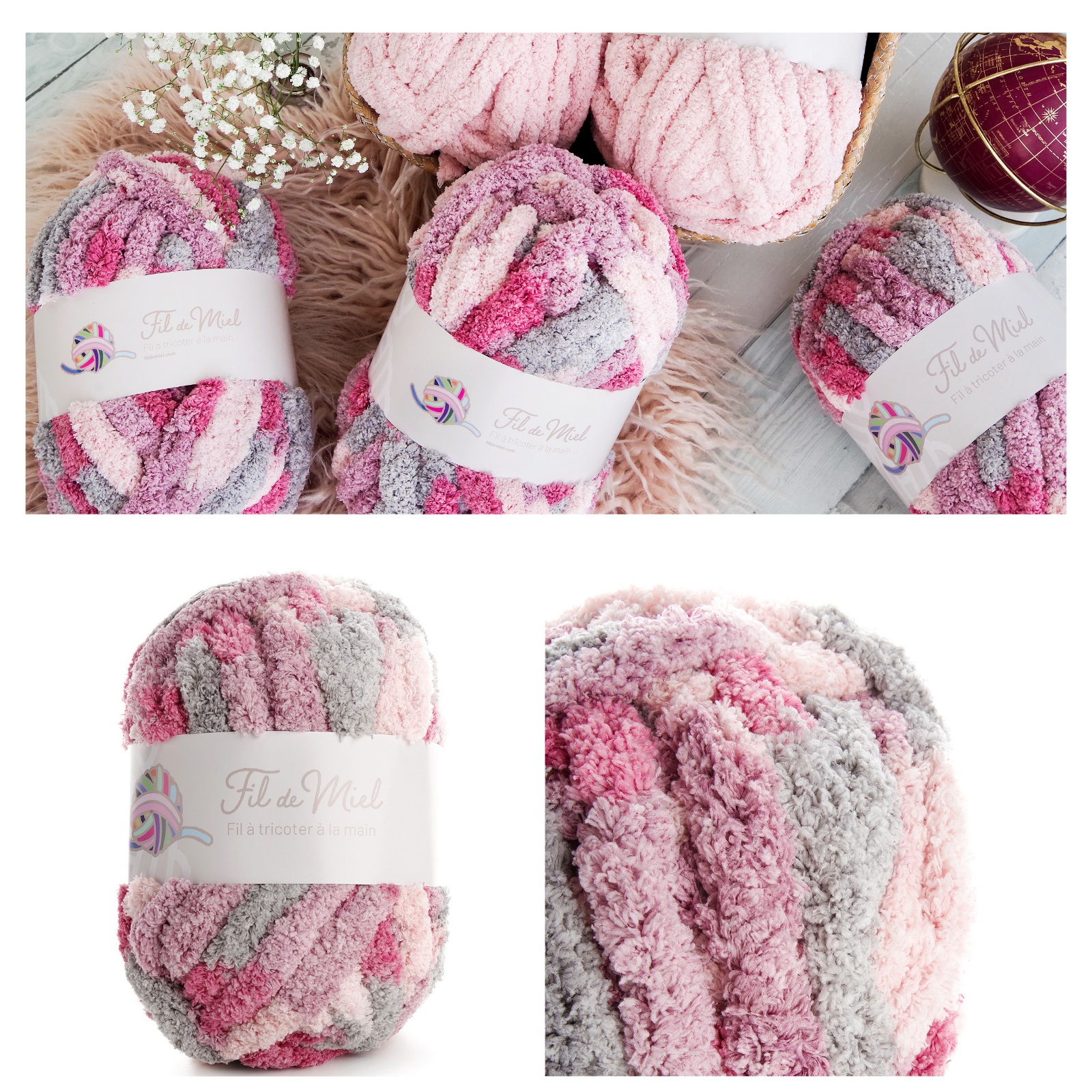 Pelotes et écheveaux de laine éponge rose, gris et blanc sur fond blanc, avec étiquette “Fil de Miel” au motif multicolore.