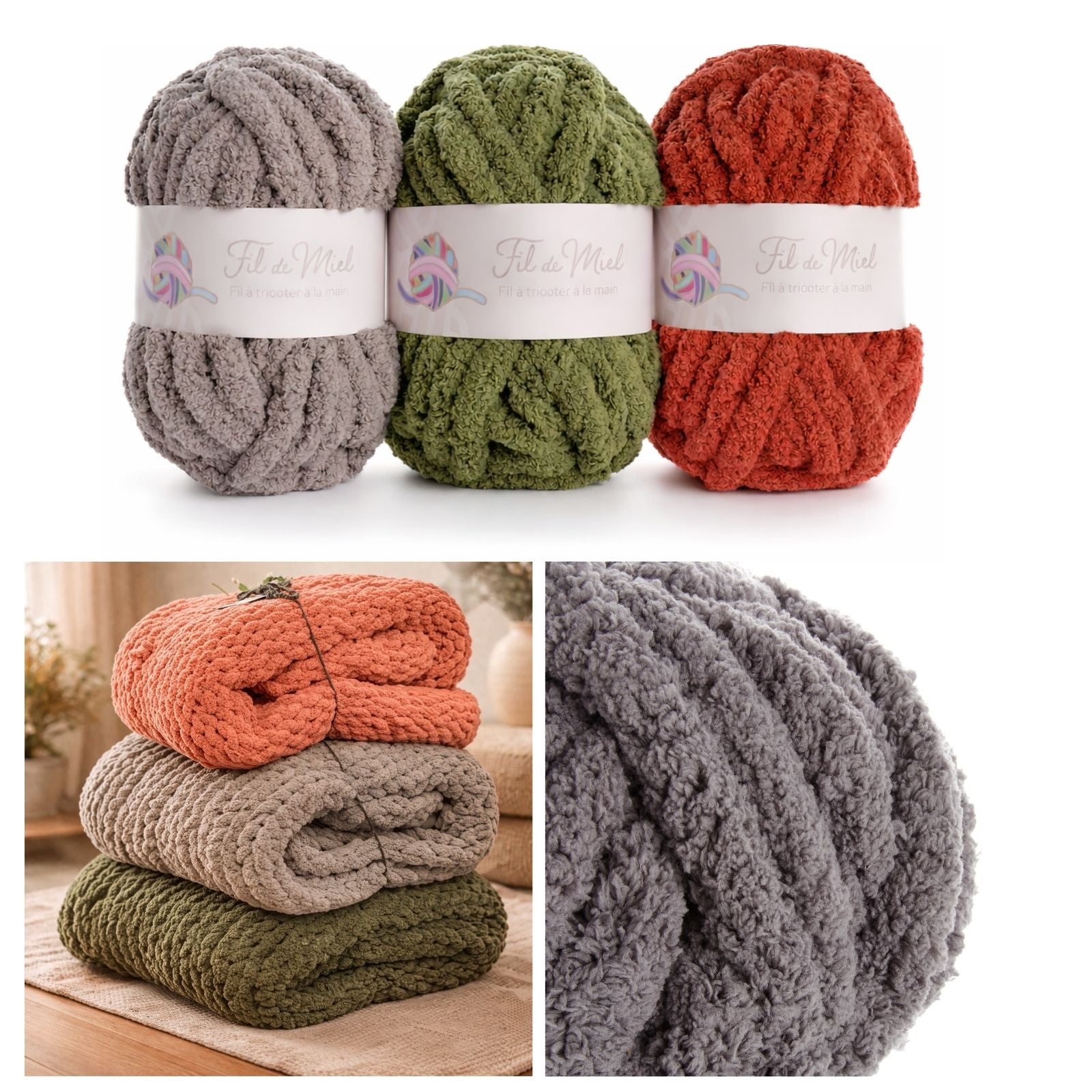 Pack Surprise: 6 pelotes XXL à tricoter avec les doigts en gris, vert et rouge. Gros fil boucle, échantillons et écharpe en tricot shaggy.