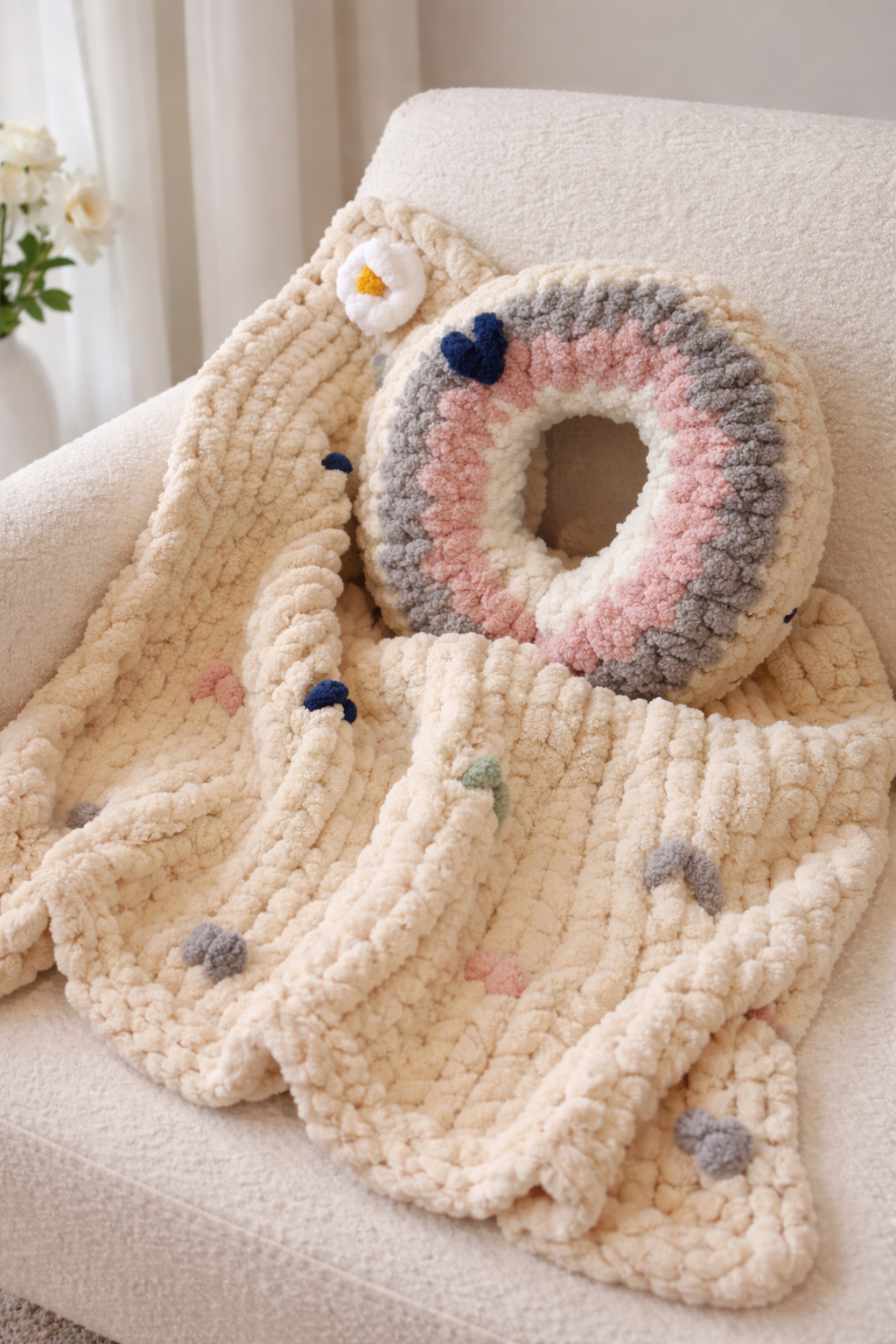 Gros coussin-tour de cou en fil XXL beige, avec motif arc-en-ciel pastel et petites fleurs, posé sur un canapé.