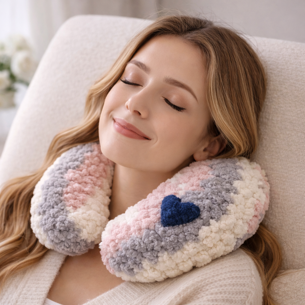 Chin neck pillow fluffy multicolore en peluche avec cœur bleu, porté par une femme souriante reposant dans un fauteuil.