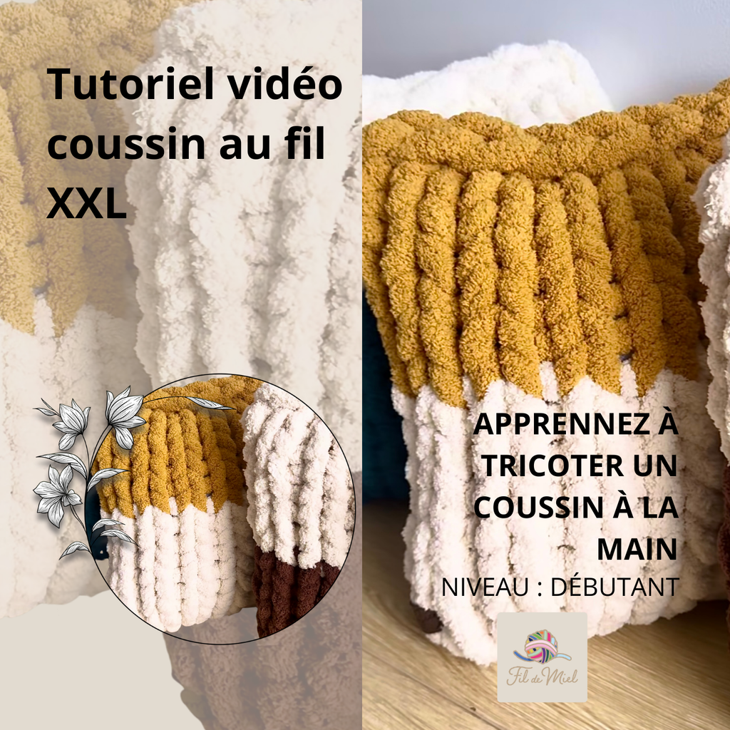 Tutoriel vidéo coussin au fil XXL: apprendre à tricoter un coussin fait main, niveau débutant avec motifs beige et blanc.