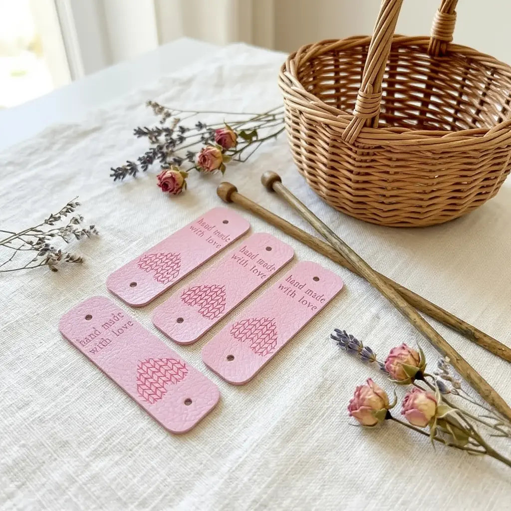 Étiquettes décoratives roses en simili cuir rose clair, motifs dentelle, alvéole et texte “hand made with love” près d’un panier en osier sur nappe beige.