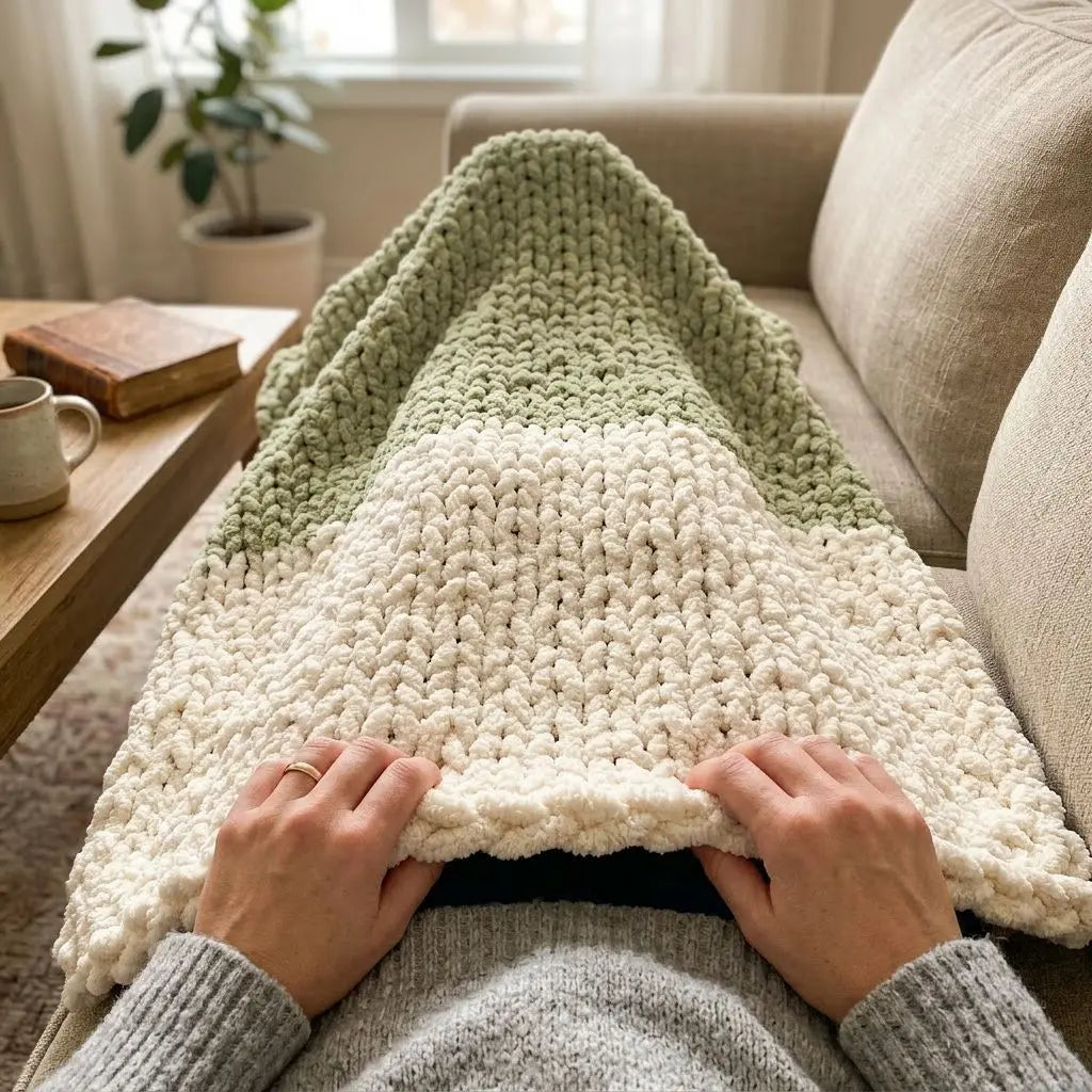 Personne recroquevillée sur un canapé recouvert d’un plaid moelleux bicolore crème et vert clair, mains posées sur le bord. ALT: Tutoriel - Mini-cours débutant – Couverture épaisse en tricot à la main présente sur canapé.
