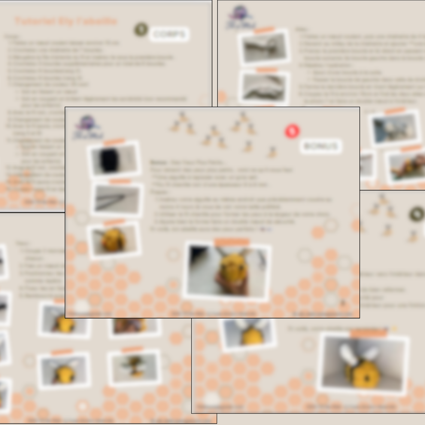 Tutoriel Vidéo + PDF Ély l’abeille: collage stylisé de photos Polaroïd sur fond beige avec motifs orange, centrant une image principale et texte descriptif.