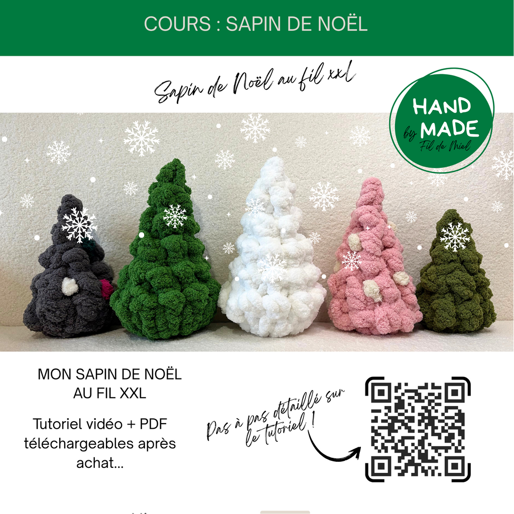 Tutoriel PDF et vidéo pour des sapins de Noël en fil XXL, fait main, avec QR code et décor neige.