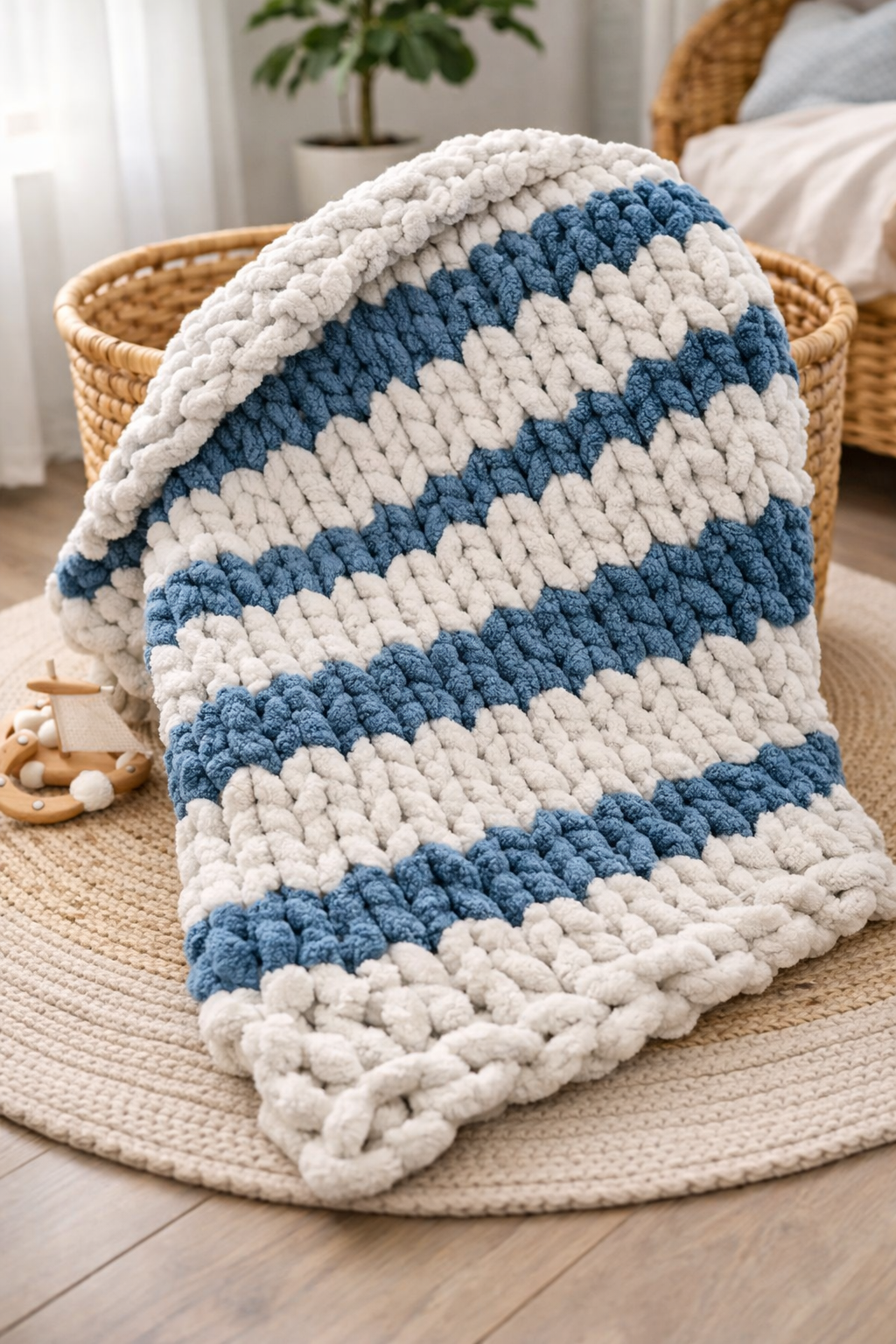 Couverture bébé au crochet sans aiguilles, gris clair et bleu, posée sur un tapis rond dans une chambre douillete.
