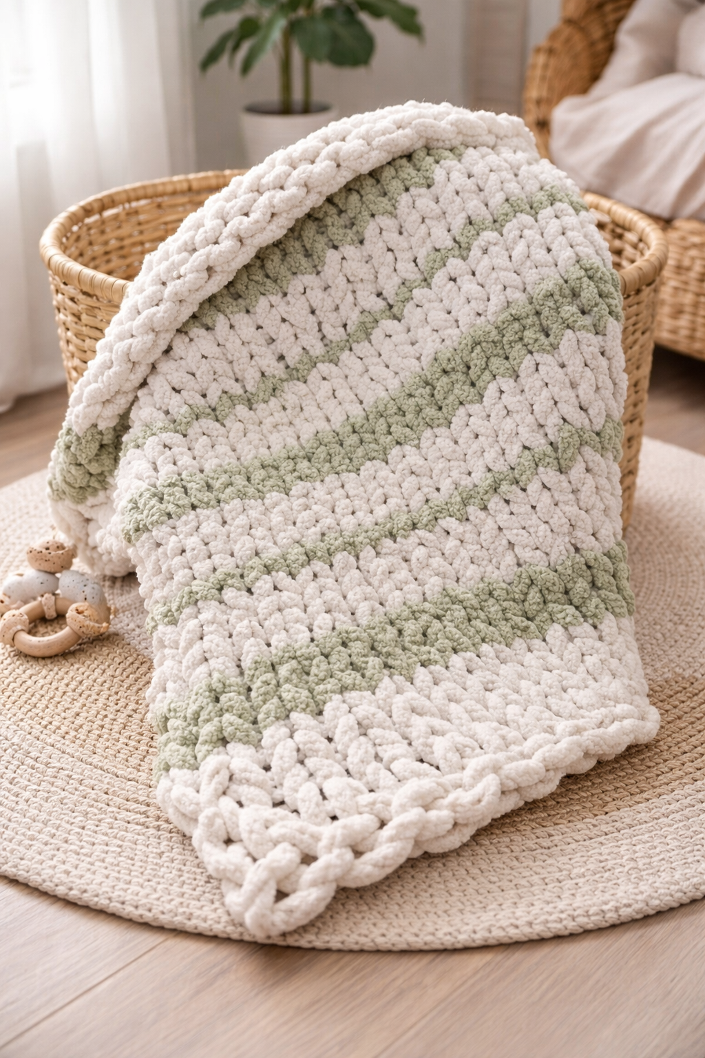 Couverture bébé crochetée blanche et vert pâle, drapée sur un panier en osier dans une chambre douce.