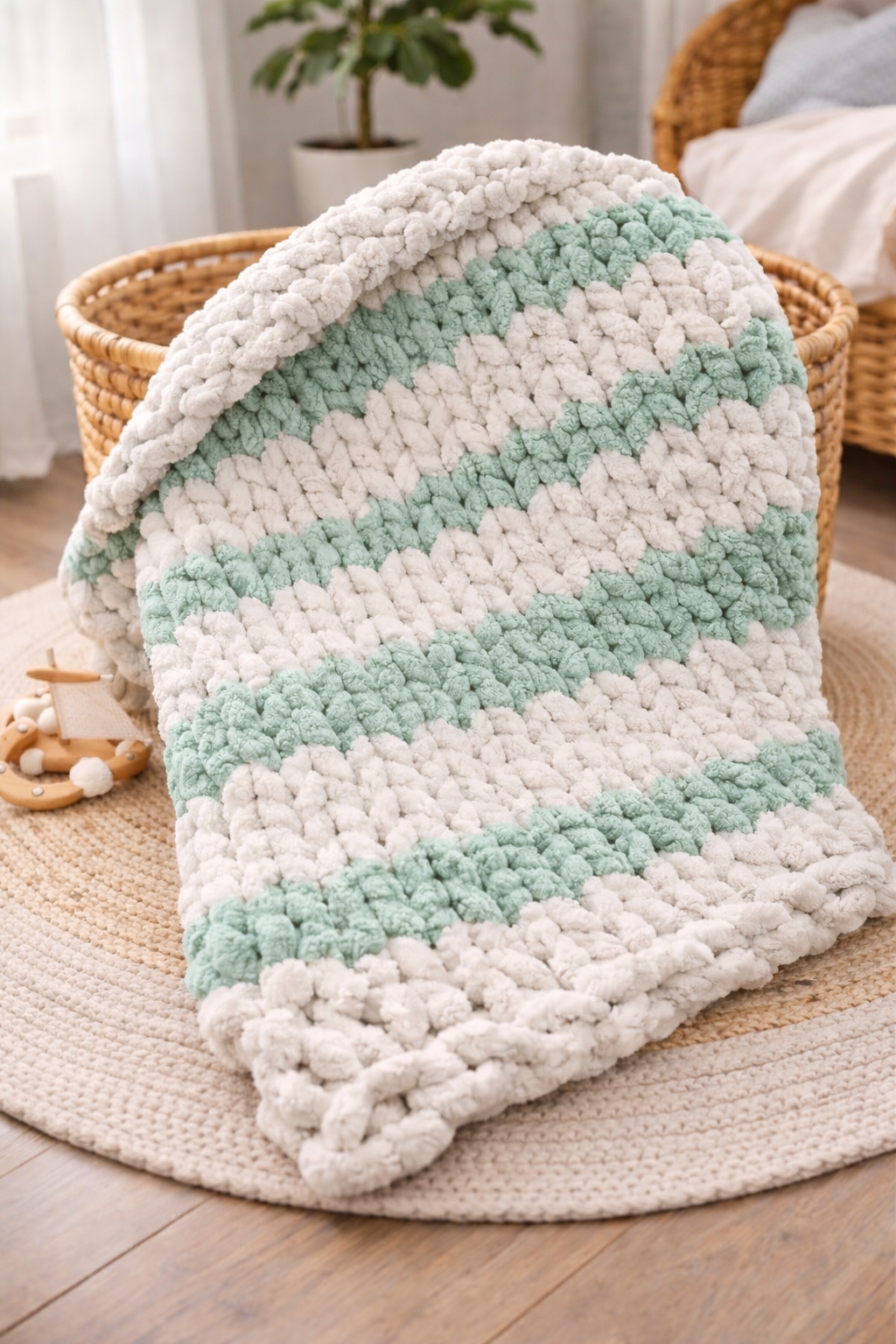 Couverture pour bébé en pompons tricotés couleur crème et vert menthe, drapée sur un nid en osier.