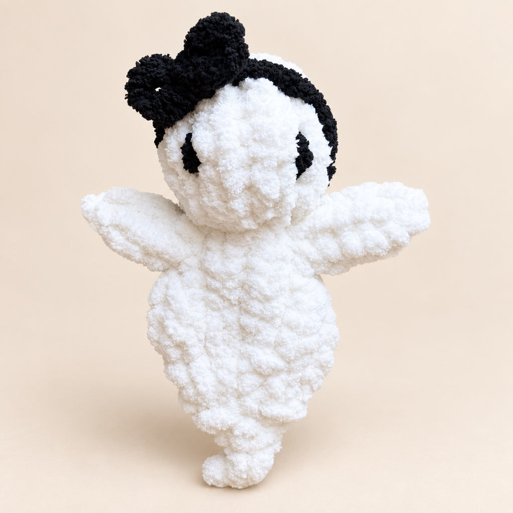 Fantôme blanc avec nœud noir en fil chenille XXL – Fil de Miel