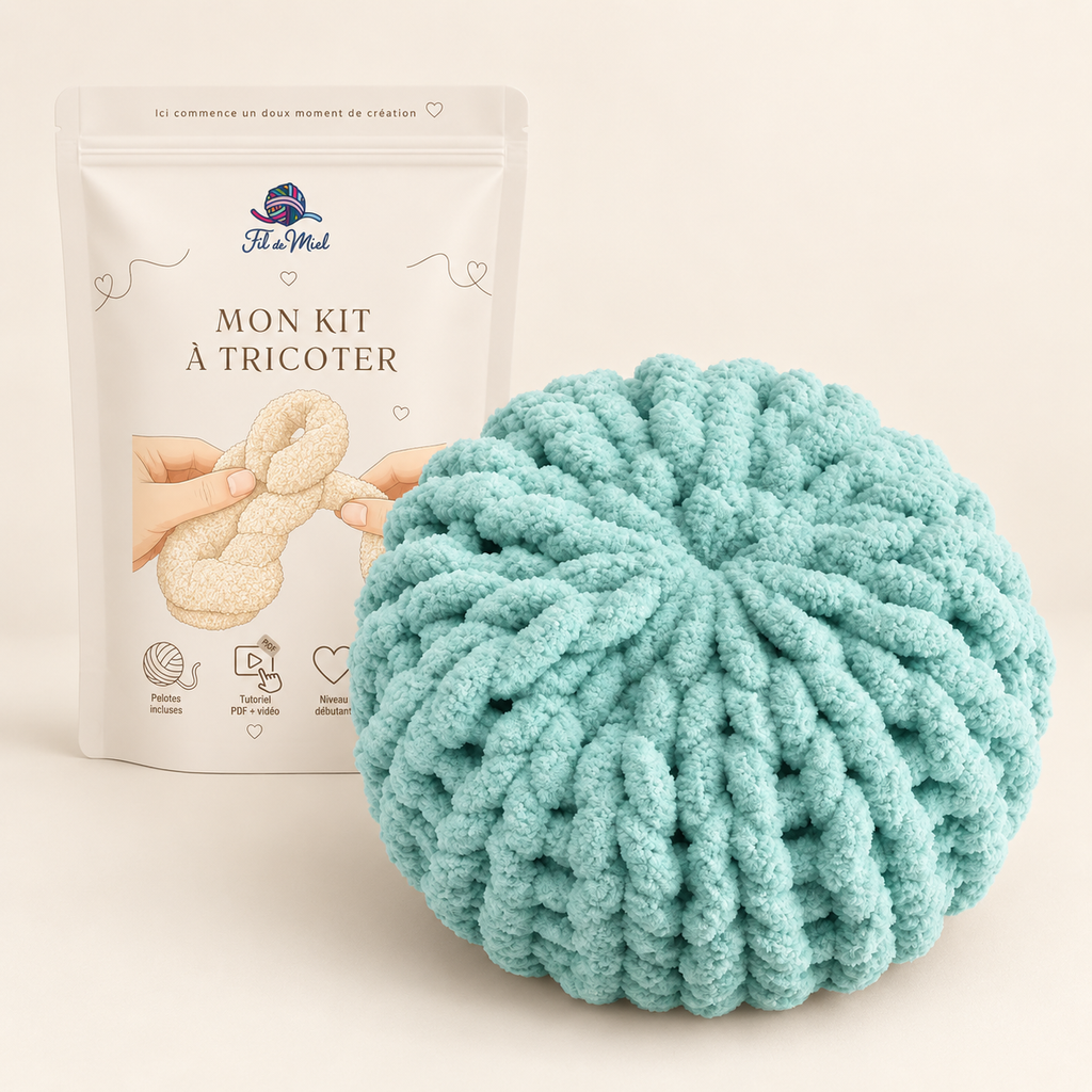 Kit Coussin Rond 30 cm en fil chenille XXL – Fil de Miel