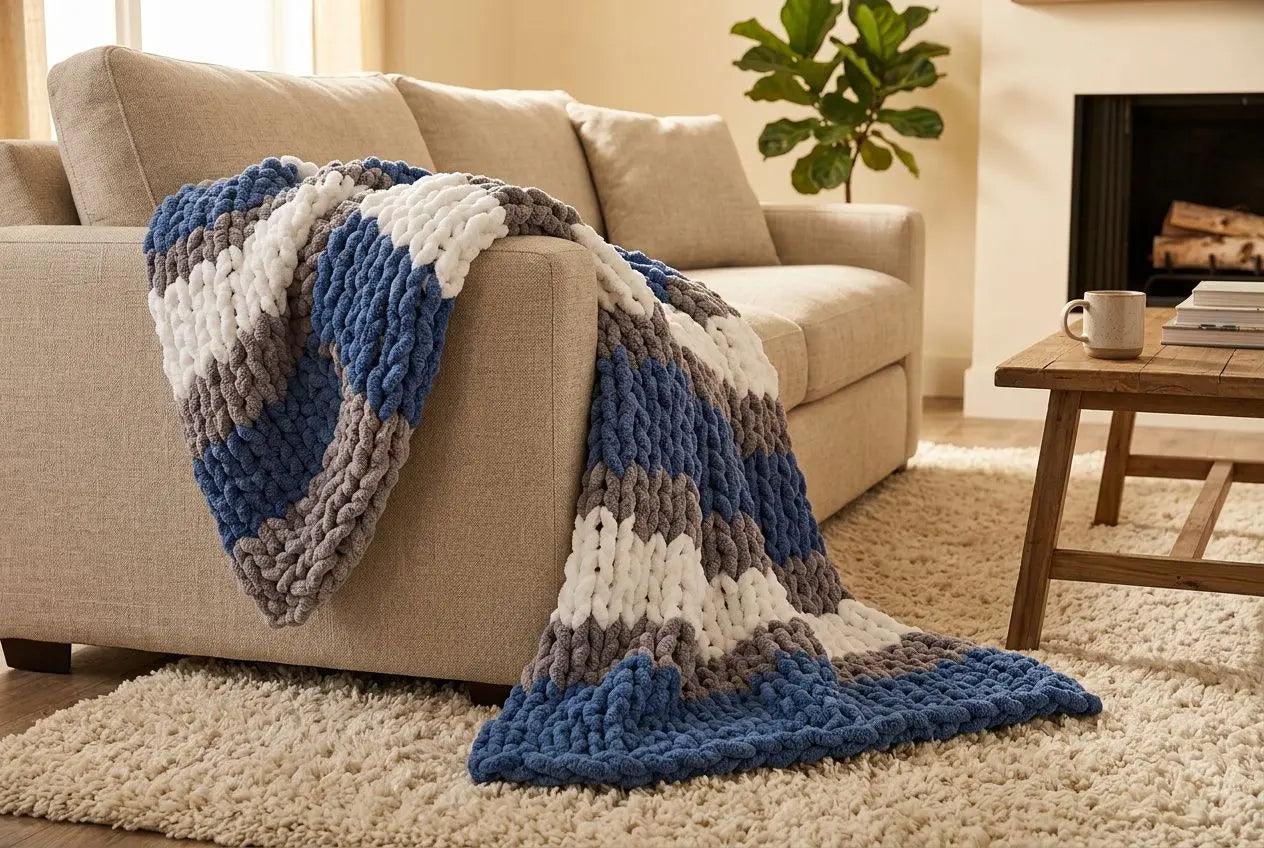 Plaid épais tricoté en laine XXL, bleu, gris et blanc posé sur canapé beige dans un salon chaleureuse. La photo met en avant une laine xxl pas cher 4 kg idéale pour plaids et couvertures.