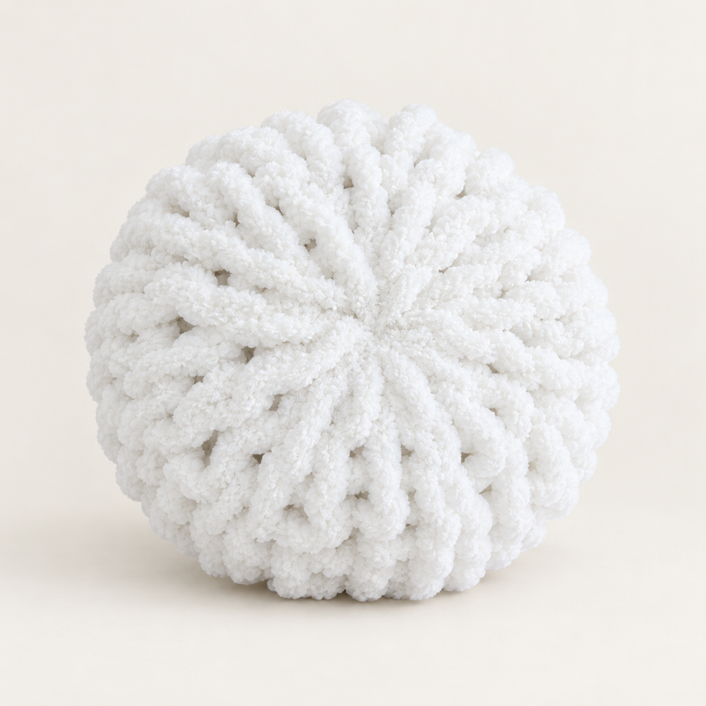 Coussin rond blanc en fil chenille XXL – Fil de Miel