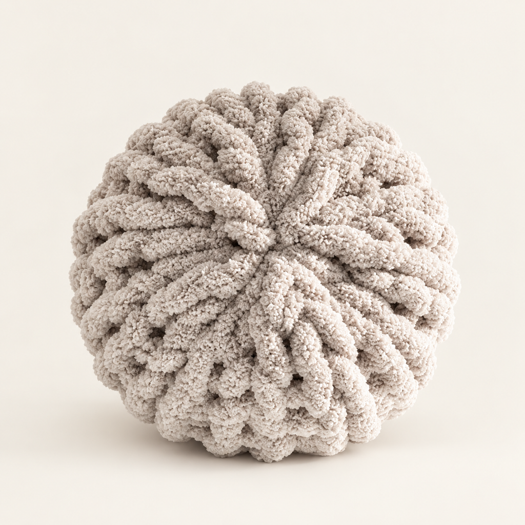 Coussin rond taupe en fil chenille XXL – Fil de Miel
